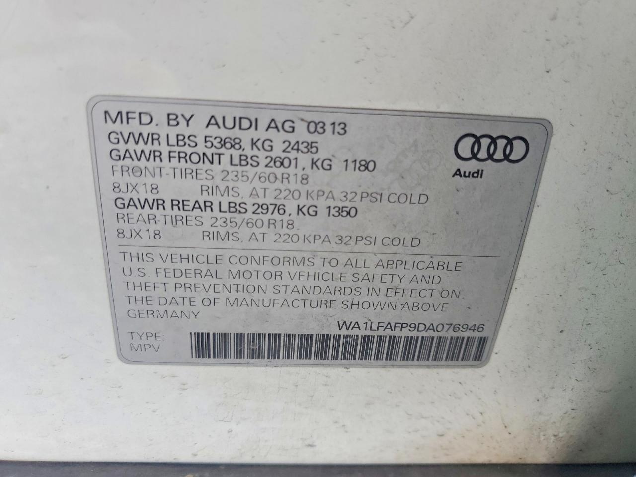 2013 Audi Q5 Premium Plus White vin: WA1LFAFP9DA076946