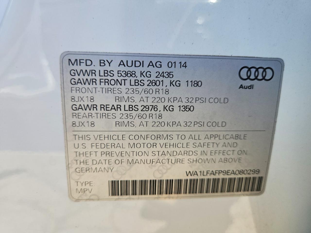 2014 Audi Q5 Premium Plus White vin: WA1LFAFP9EA080299