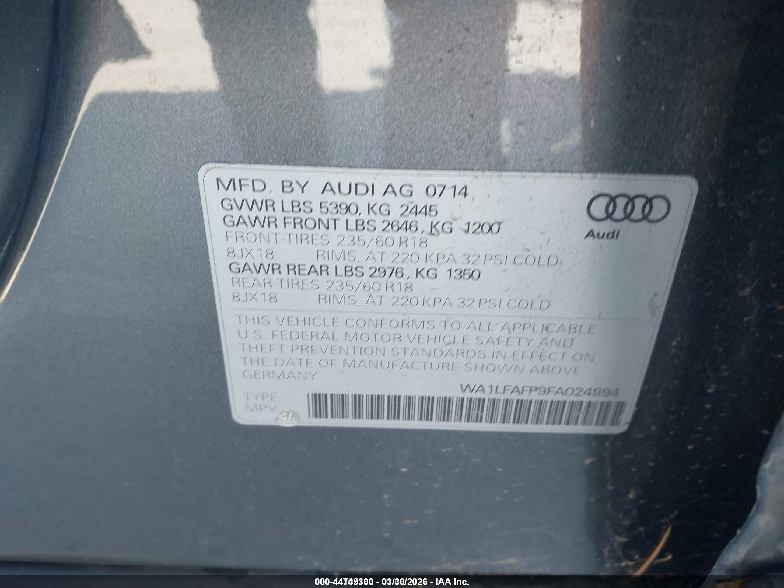 2015 Audi Q5 2.0t Premium Серый vin: WA1LFAFP9FA024994
