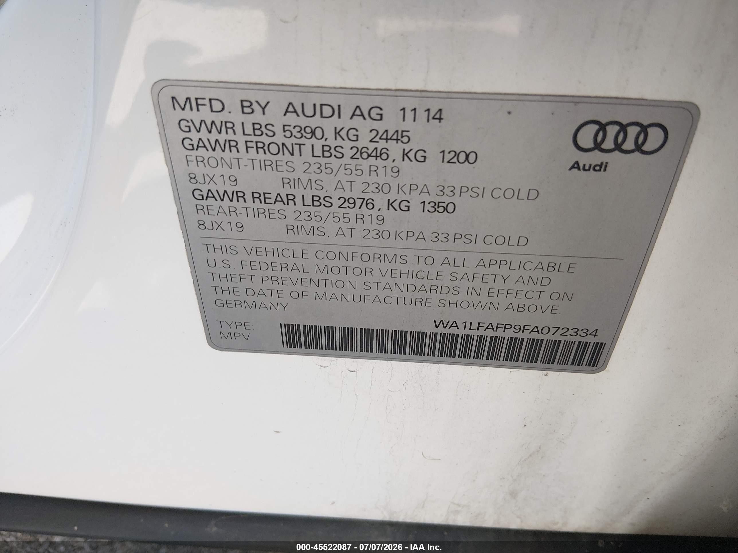 2015 Audi Q5 2.0t Premium White vin: WA1LFAFP9FA072334
