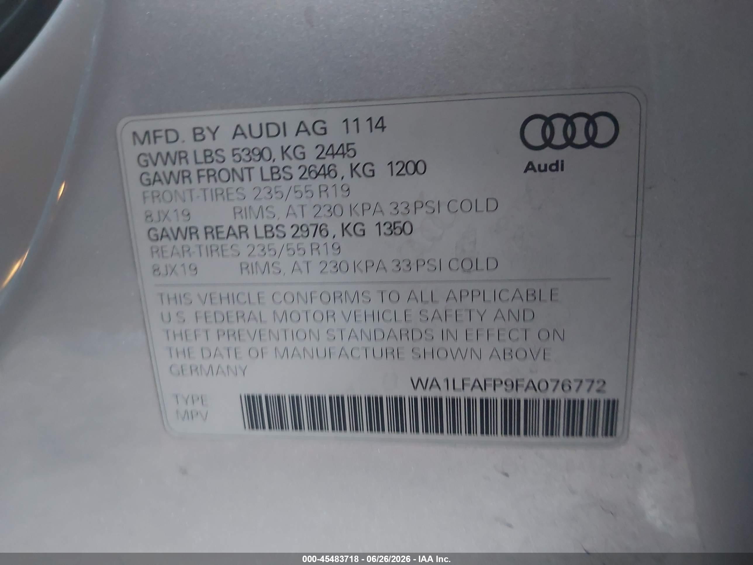 2015 Audi Q5 2.0t Premium Silver vin: WA1LFAFP9FA076772
