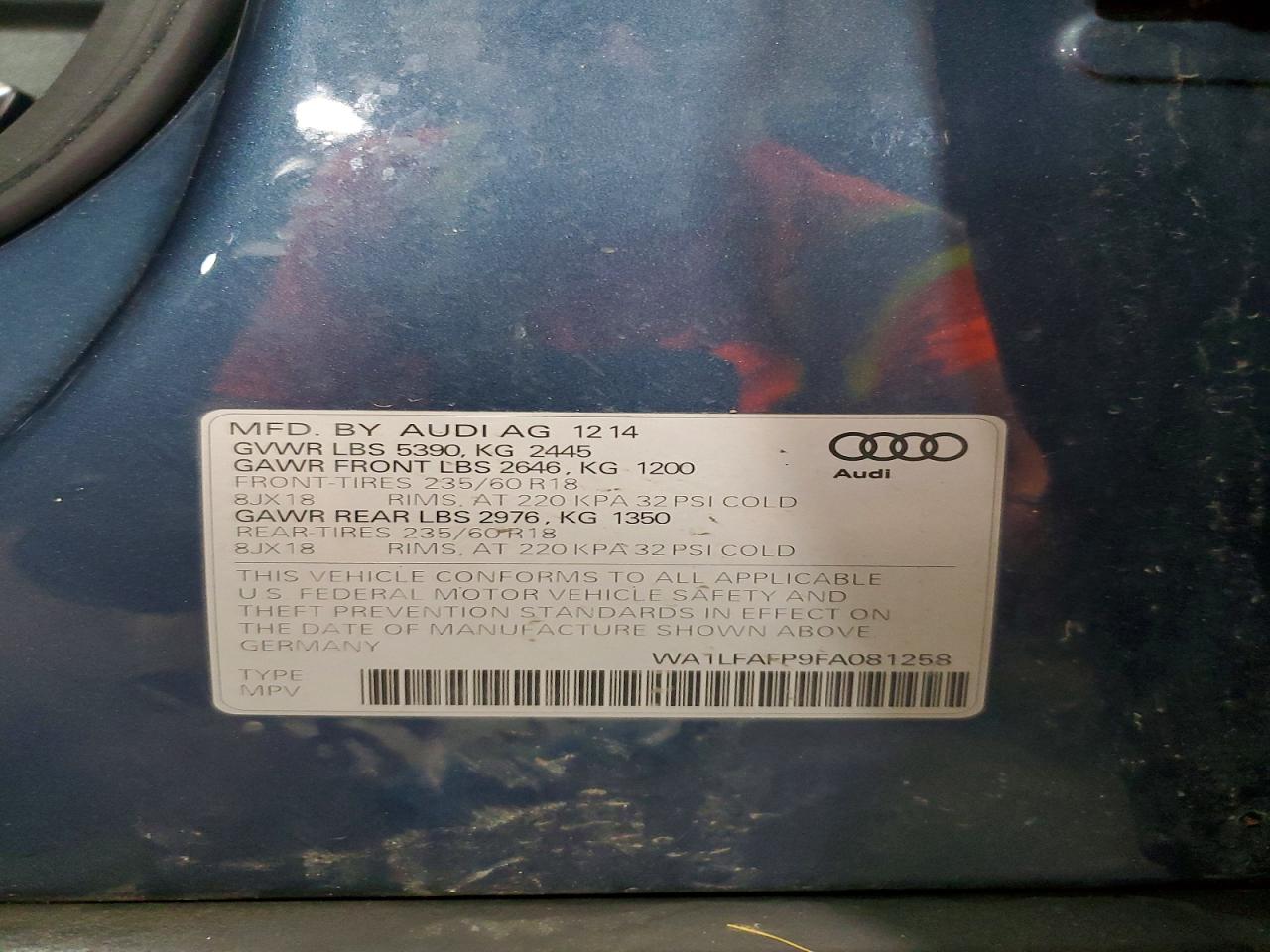 2015 Audi Q5 Premium Plus Blue vin: WA1LFAFP9FA081258
