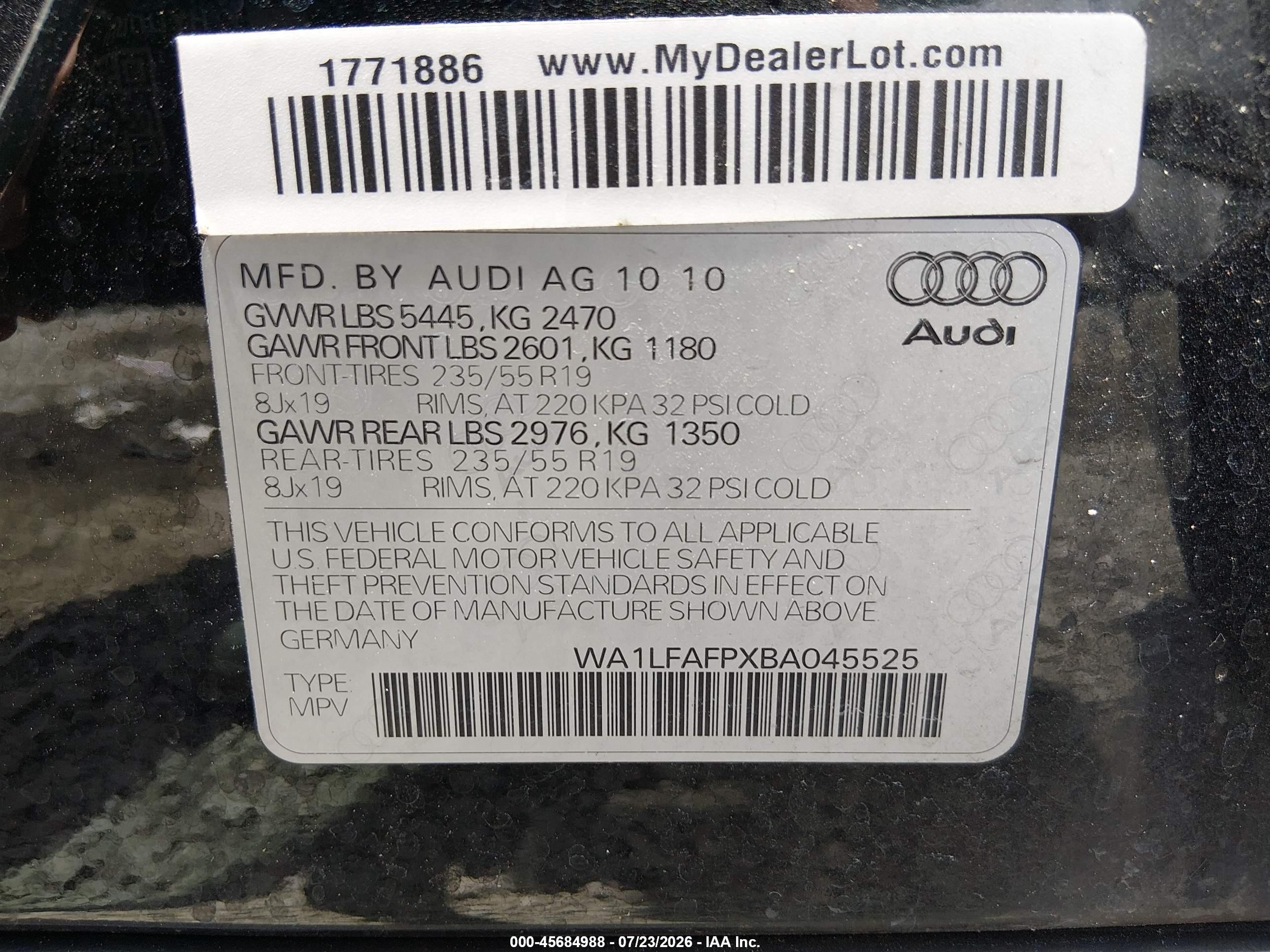 2011 Audi Q5 2.0t Premium Black vin: WA1LFAFPXBA045525