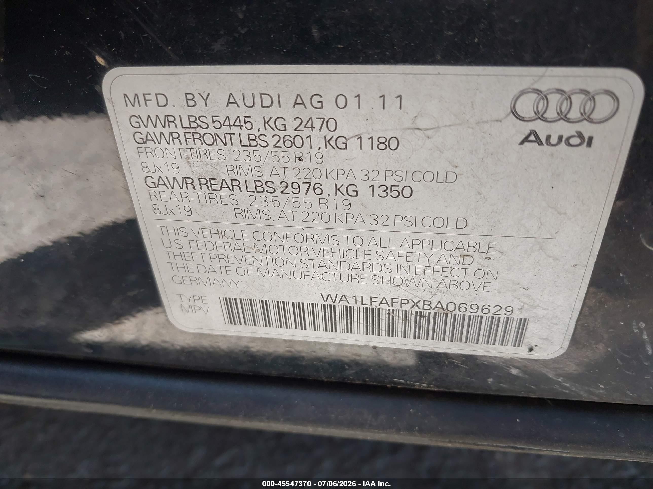 2011 Audi Q5 2.0t Premium Black vin: WA1LFAFPXBA069629