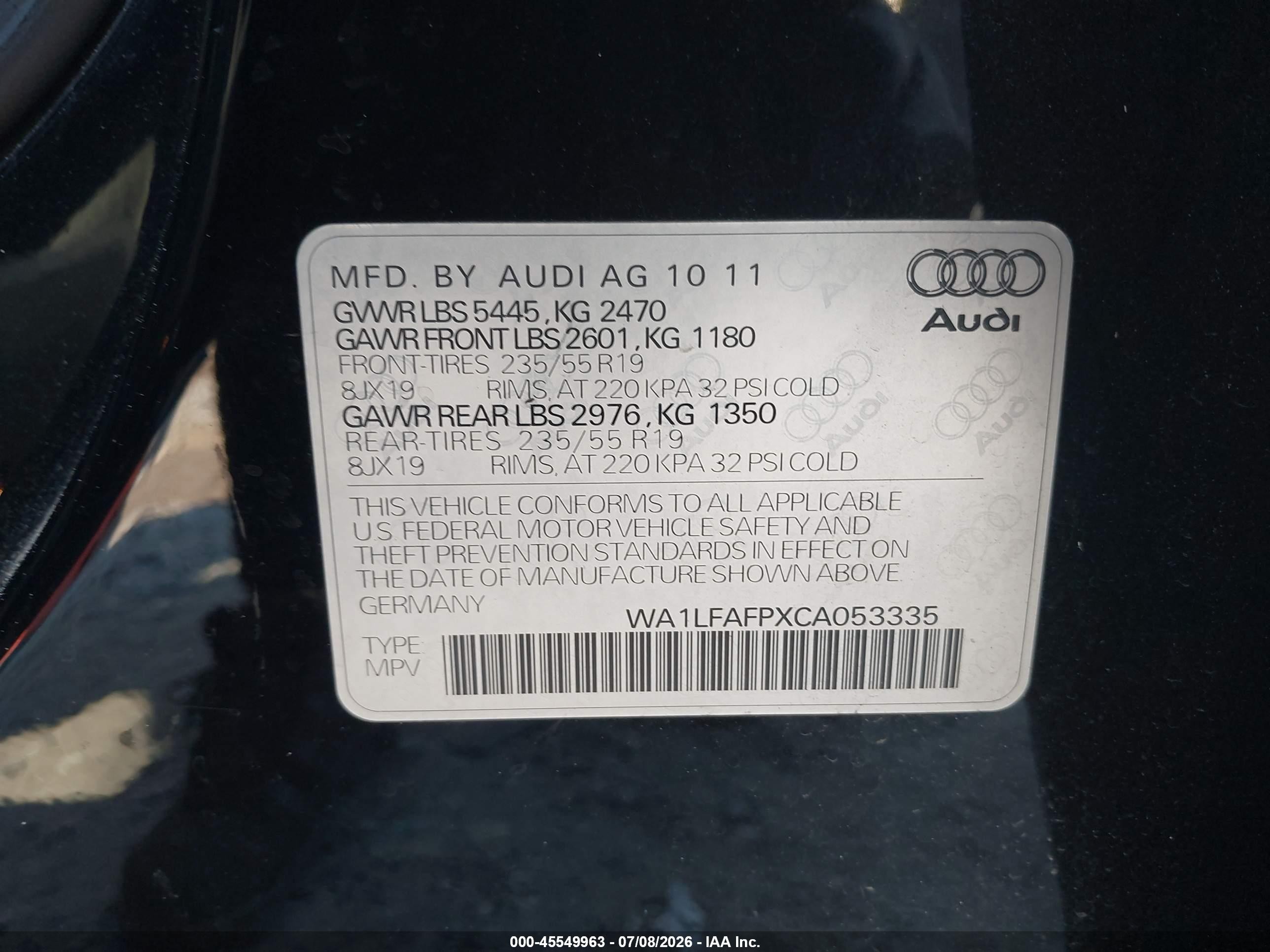 2012 Audi Q5 2.0t Premium Черный vin: WA1LFAFPXCA053335
