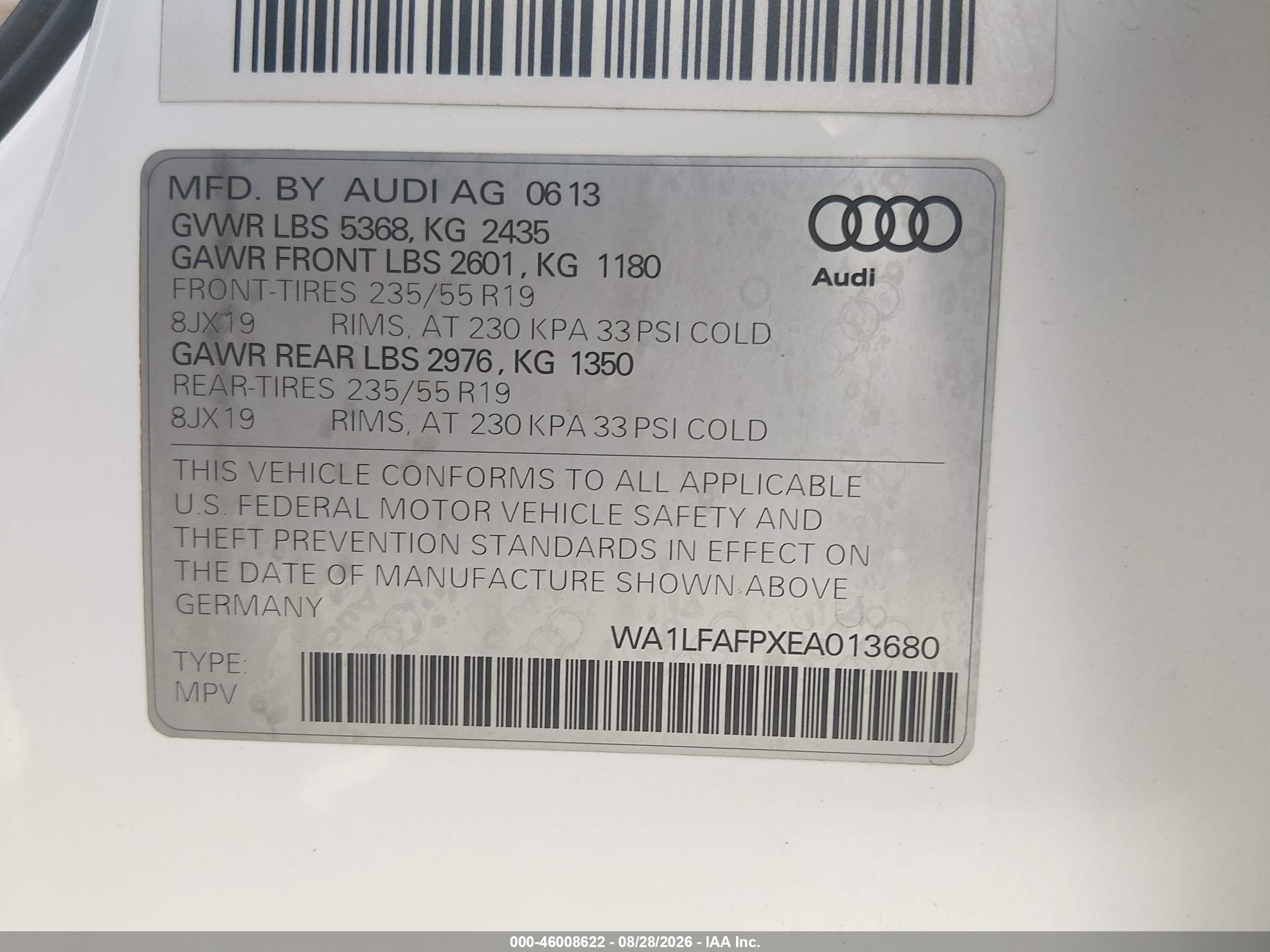 2014 Audi Q5 2.0t Premium White vin: WA1LFAFPXEA013680