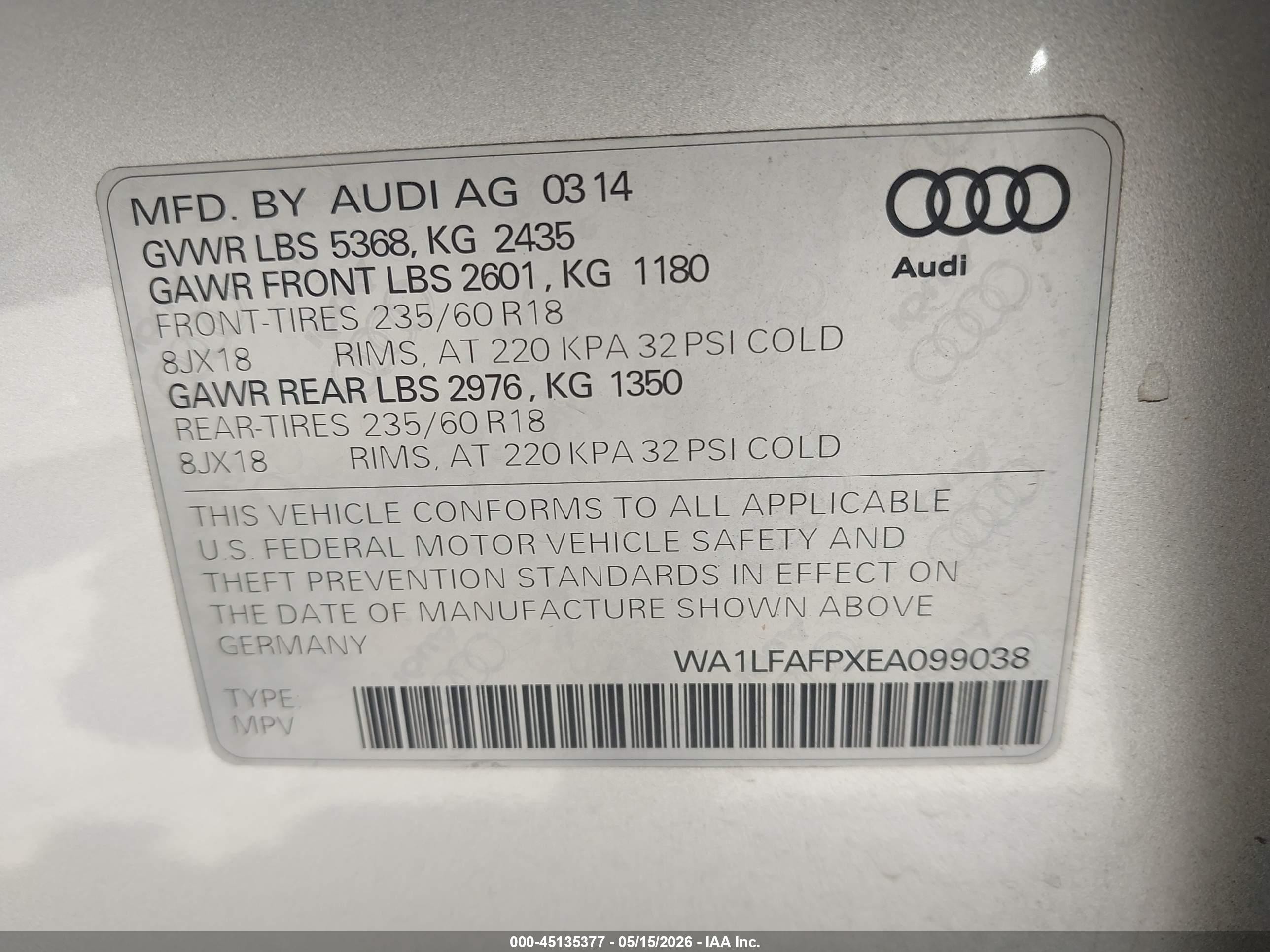 2014 Audi Q5 2.0t Premium Silver vin: WA1LFAFPXEA099038