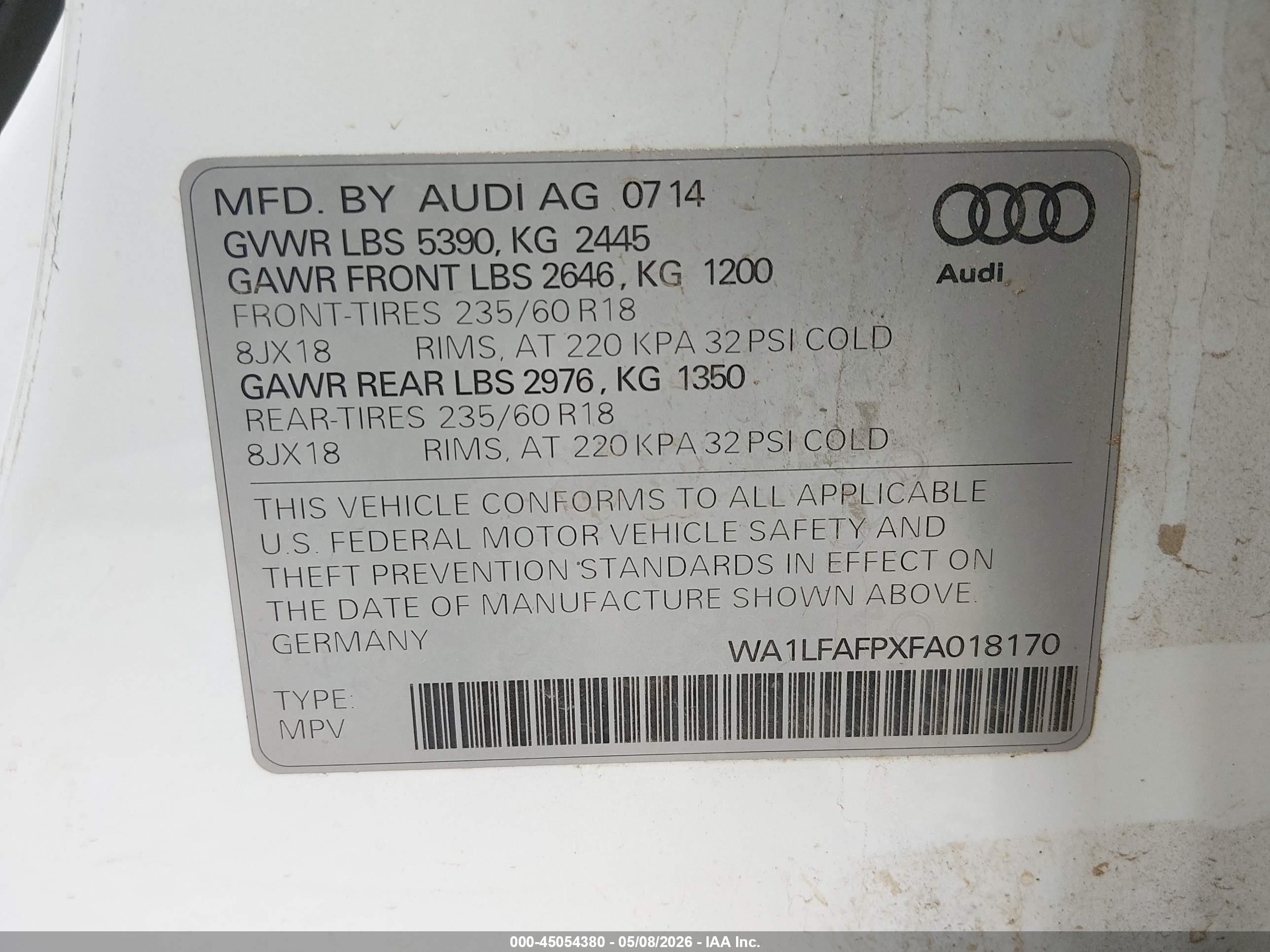 2015 Audi Q5 2.0t Premium White vin: WA1LFAFPXFA018170