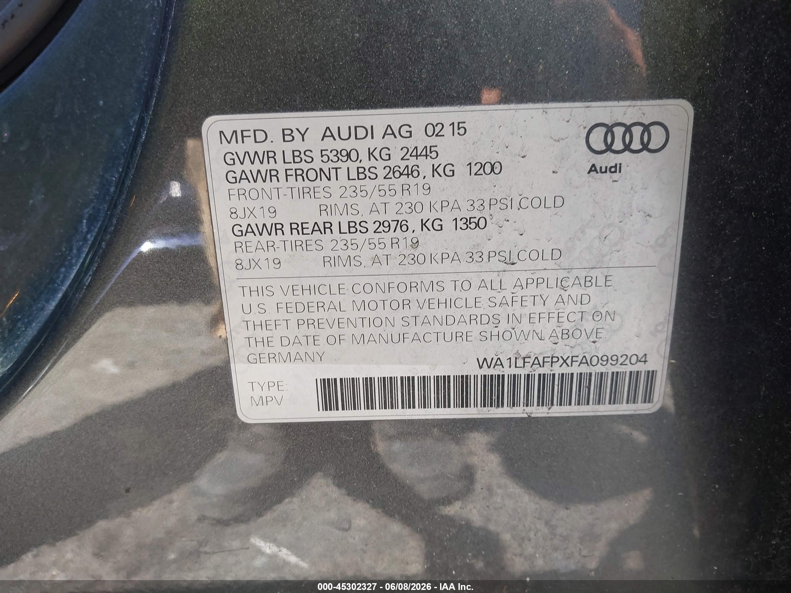 2015 Audi Q5 2.0t Premium Gray vin: WA1LFAFPXFA099204