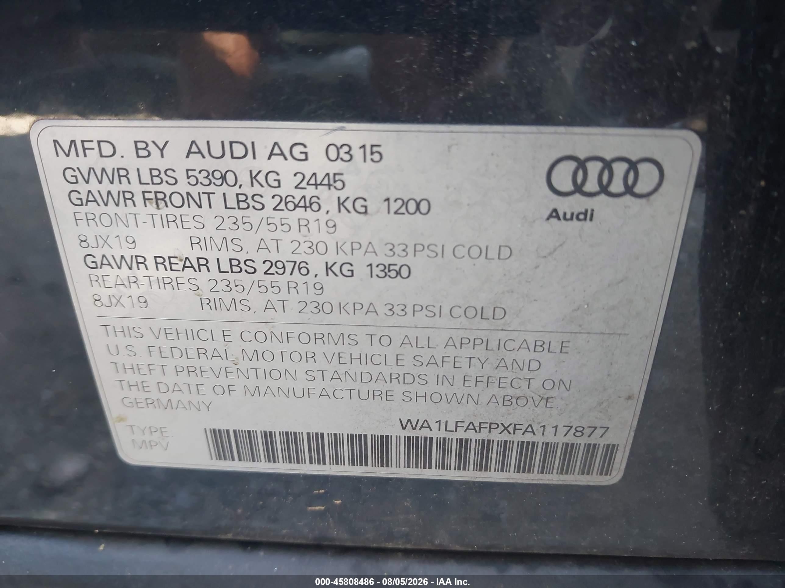 2015 Audi Q5 2.0t Premium Black vin: WA1LFAFPXFA117877
