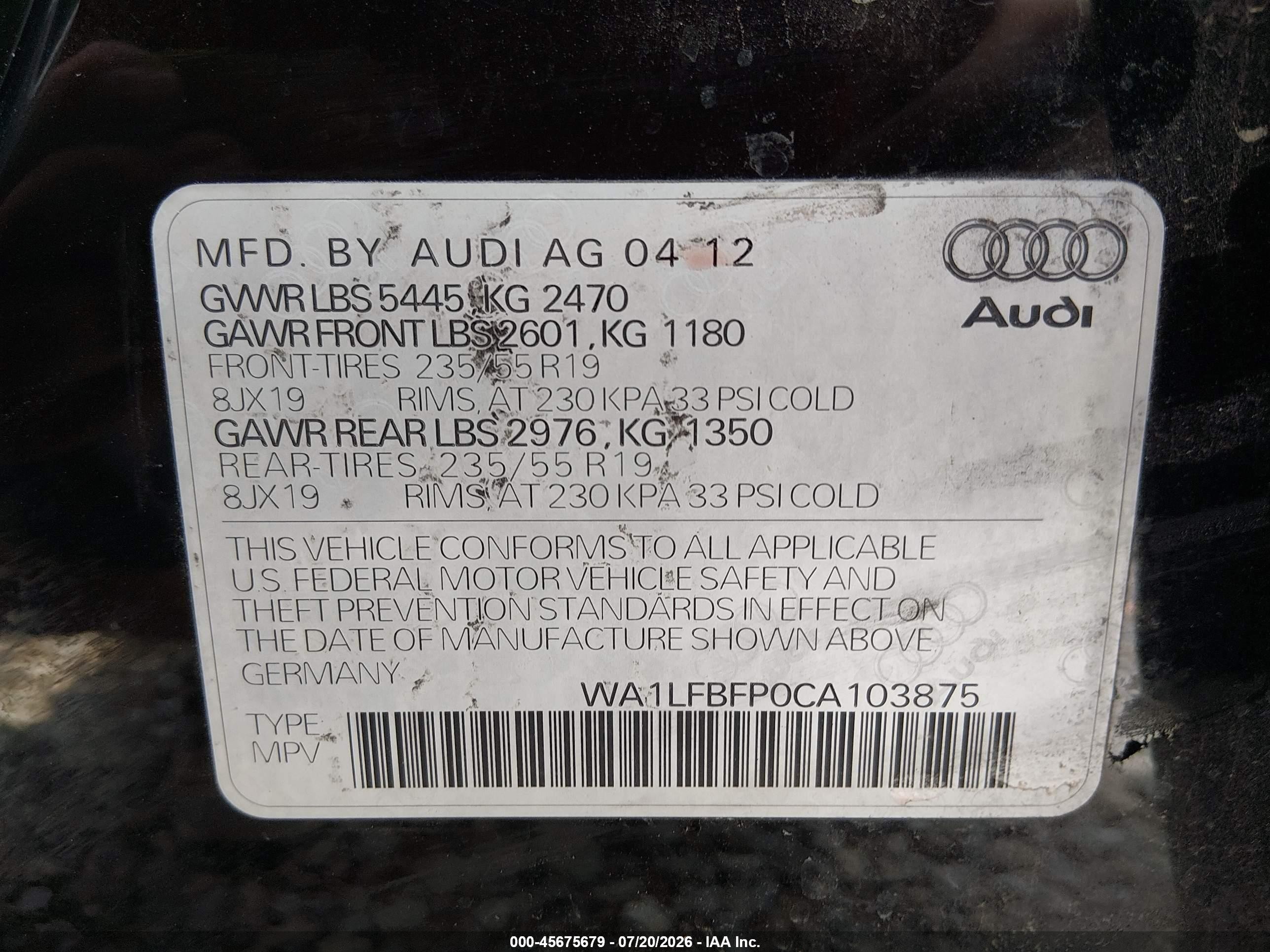 2012 Audi Q5 2.0t Premium Black vin: WA1LFBFP0CA103875