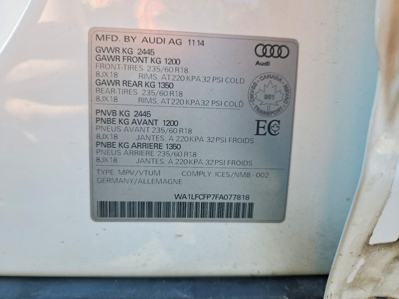 2015 Audi Q5 Premium Plus White vin: WA1LFCFP7FA077818