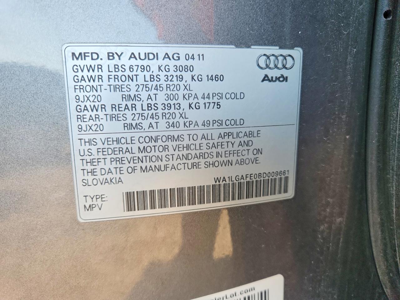2011 Audi Q7 Premium Plus Gray vin: WA1LGAFE0BD009661
