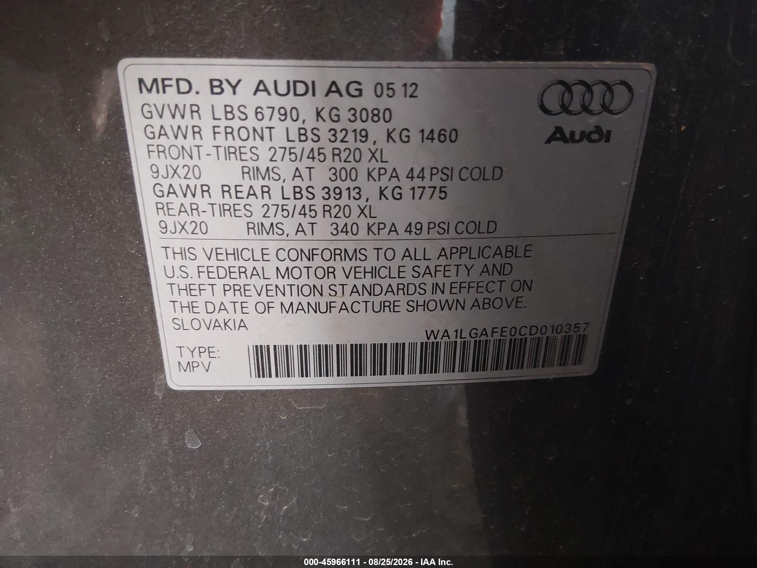 2012 Audi Q7 3.0t Premium Gray vin: WA1LGAFE0CD010357