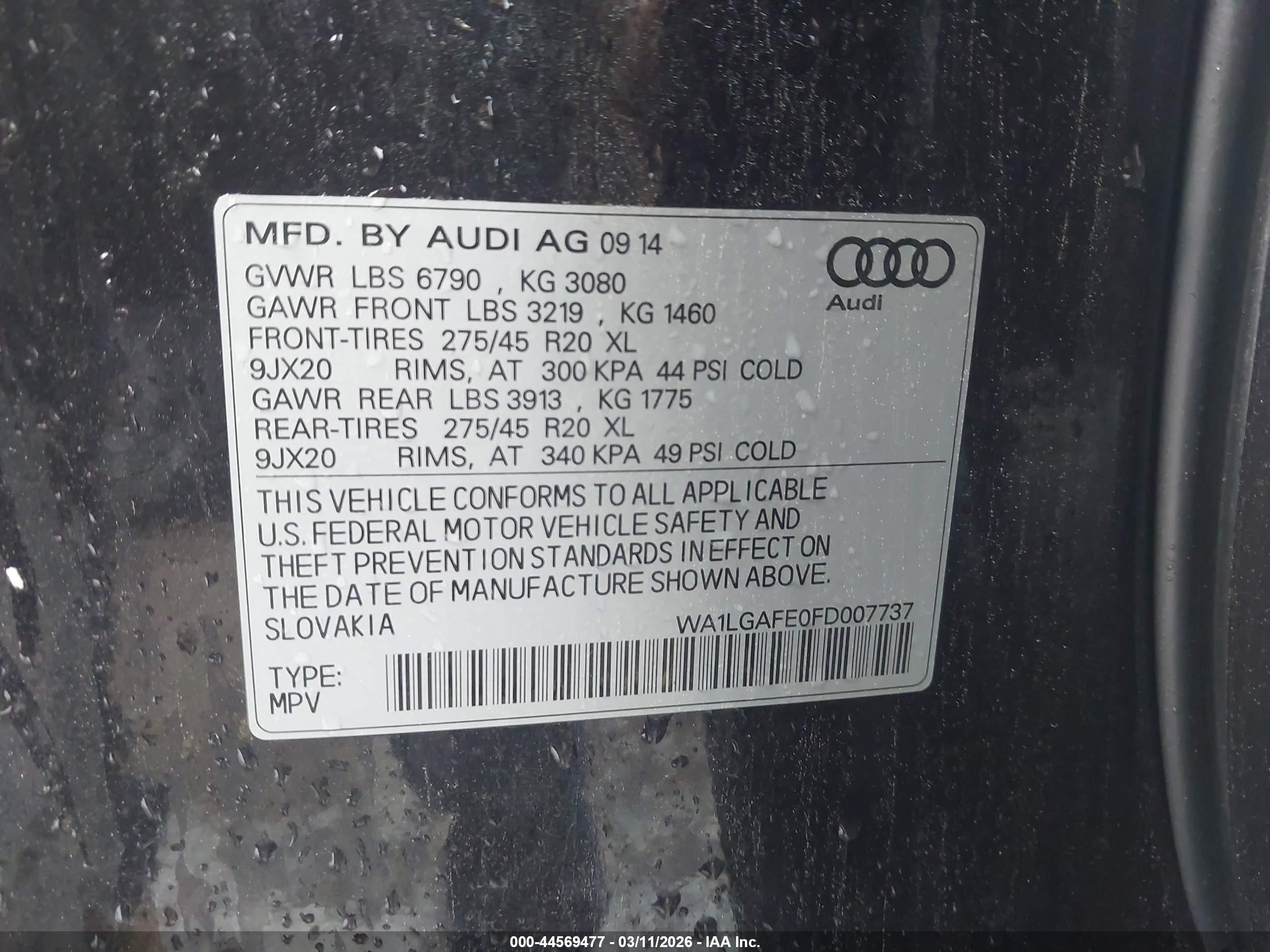 2015 Audi Q7 3.0t Premium Gray vin: WA1LGAFE0FD007737