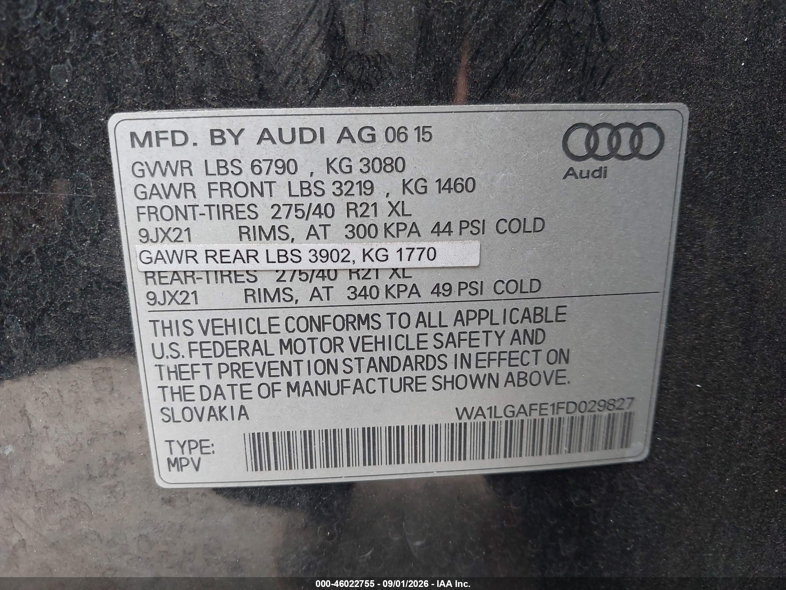 2015 Audi Q7 3.0t Premium Black vin: WA1LGAFE1FD029827