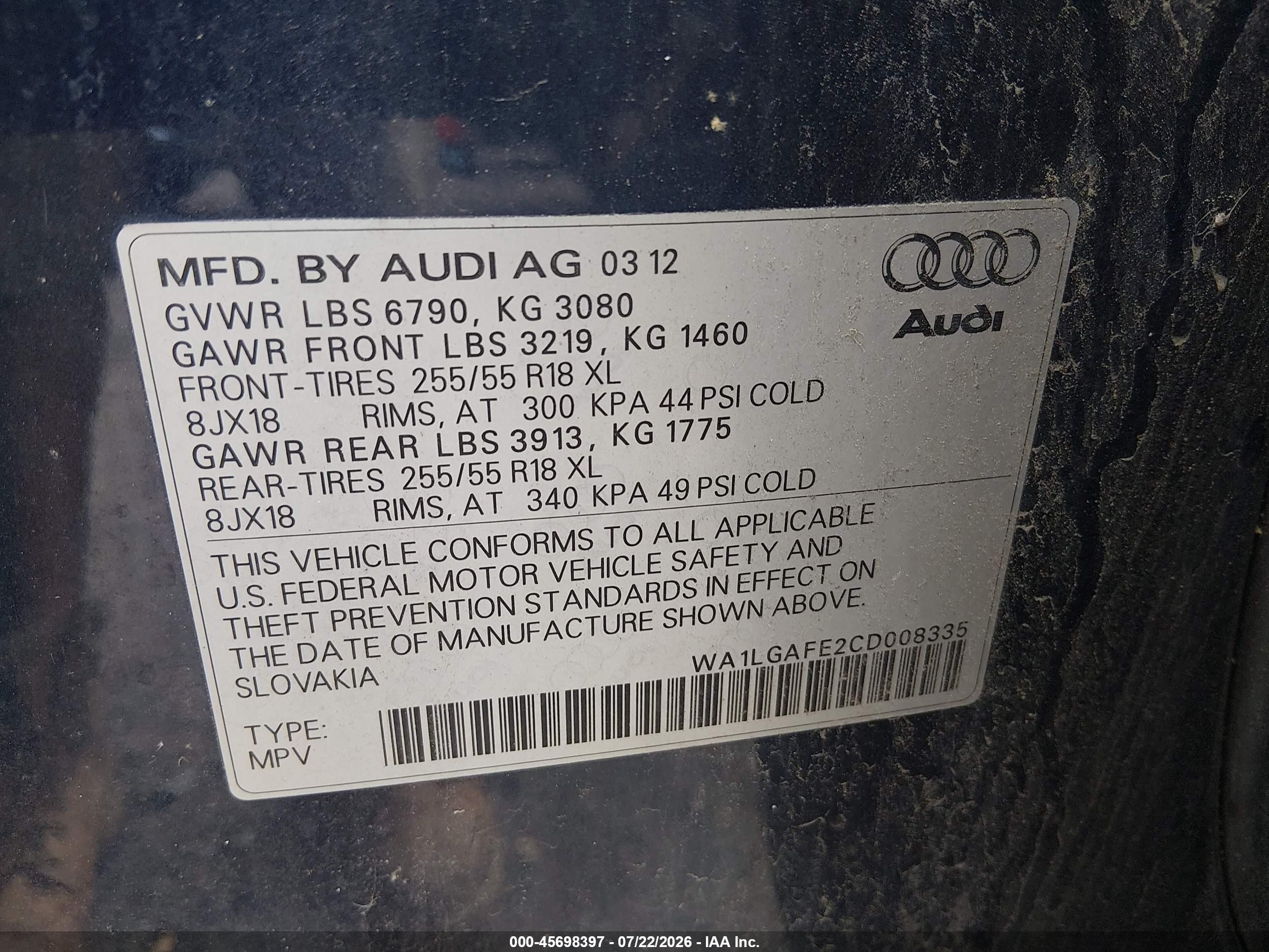 2012 Audi Q7 3.0t Premium Blue vin: WA1LGAFE2CD008335