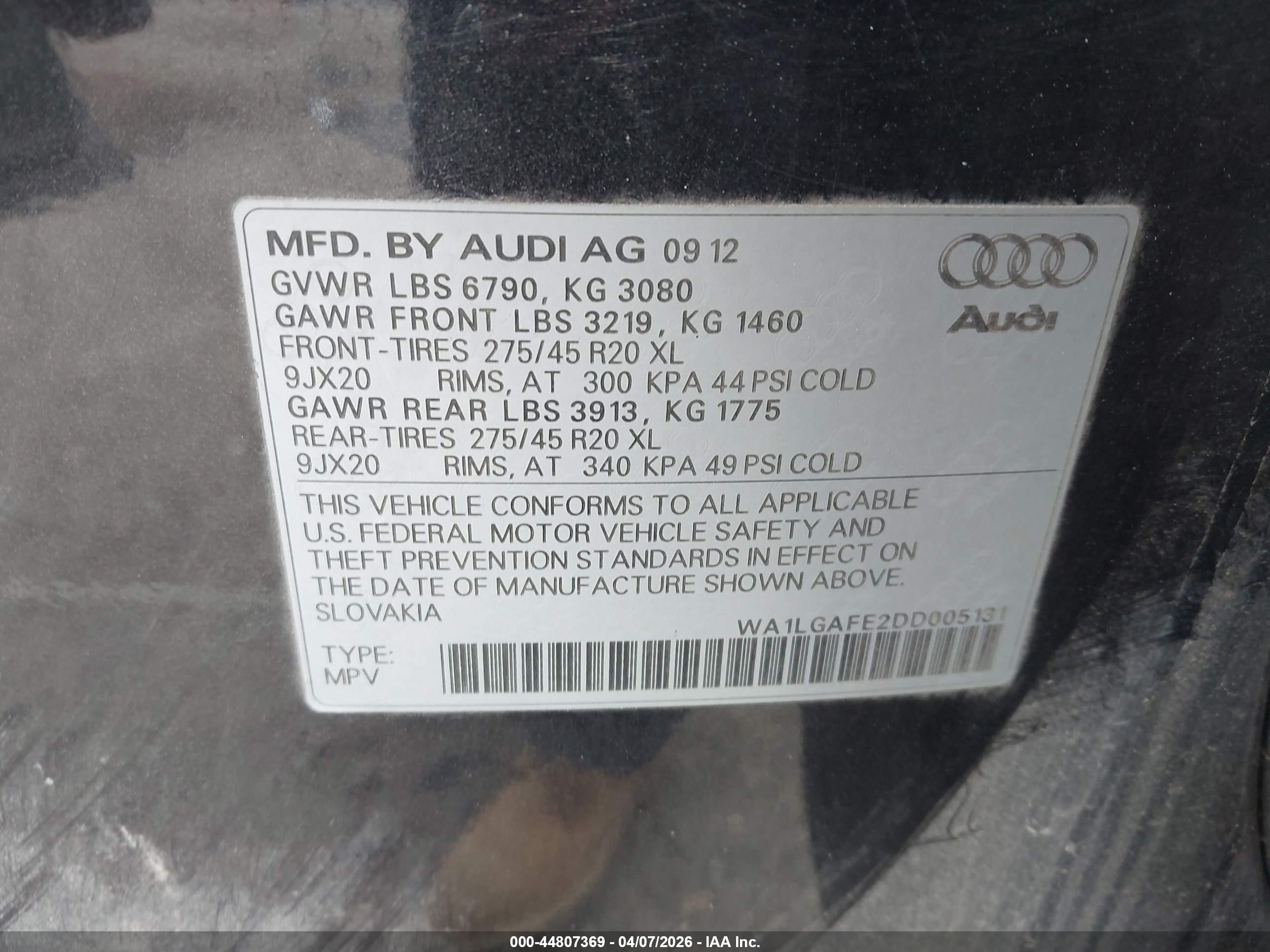 2013 Audi Q7 3.0t Premium Black vin: WA1LGAFE2DD005131