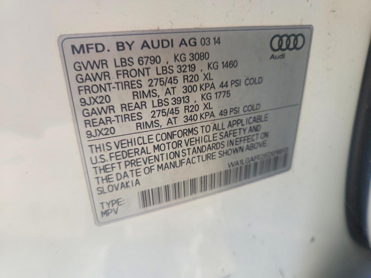2014 Audi Q7 Premium Plus White vin: WA1LGAFE2ED018513