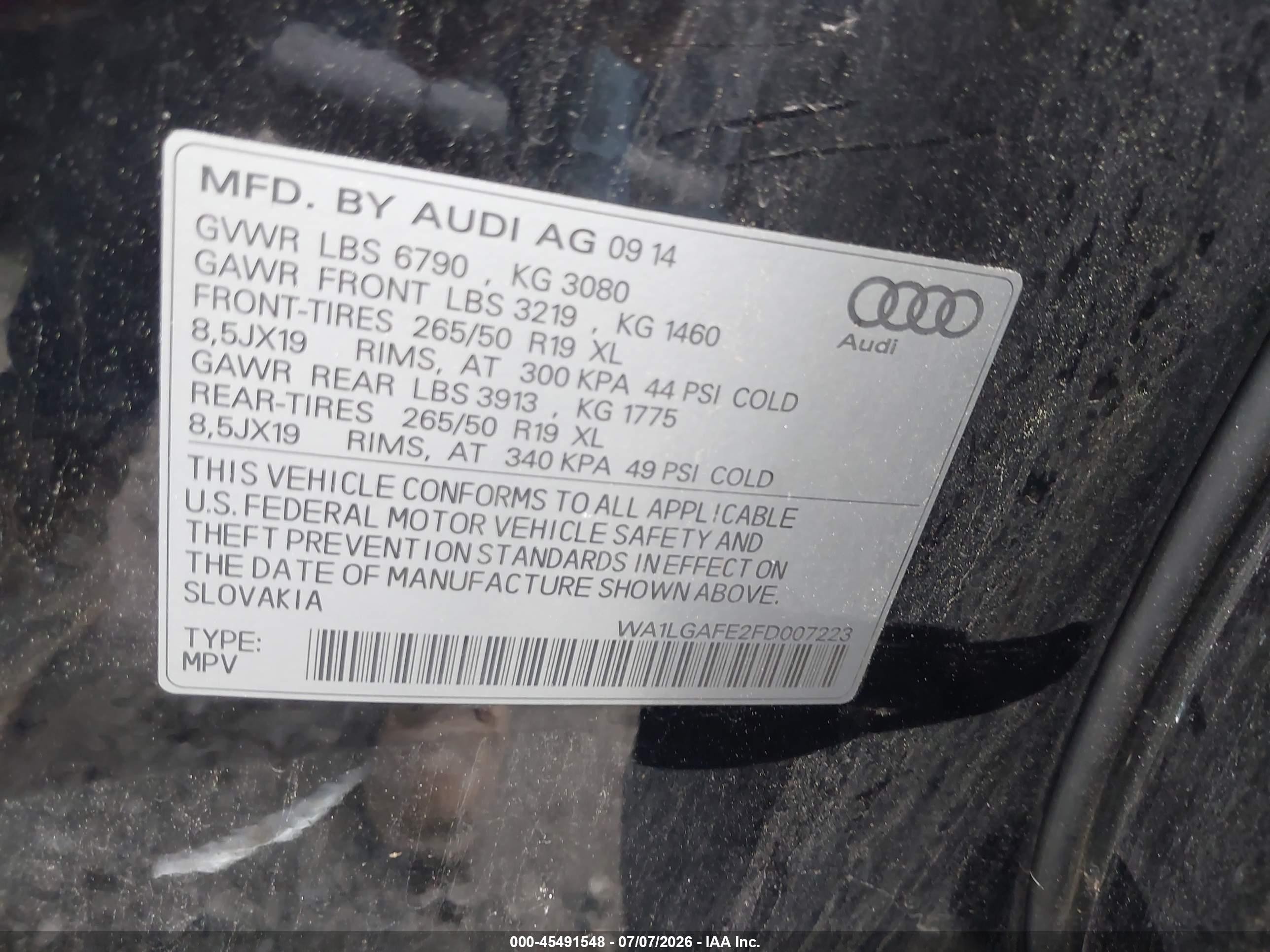 2015 Audi Q7 3.0t Premium Black vin: WA1LGAFE2FD007223