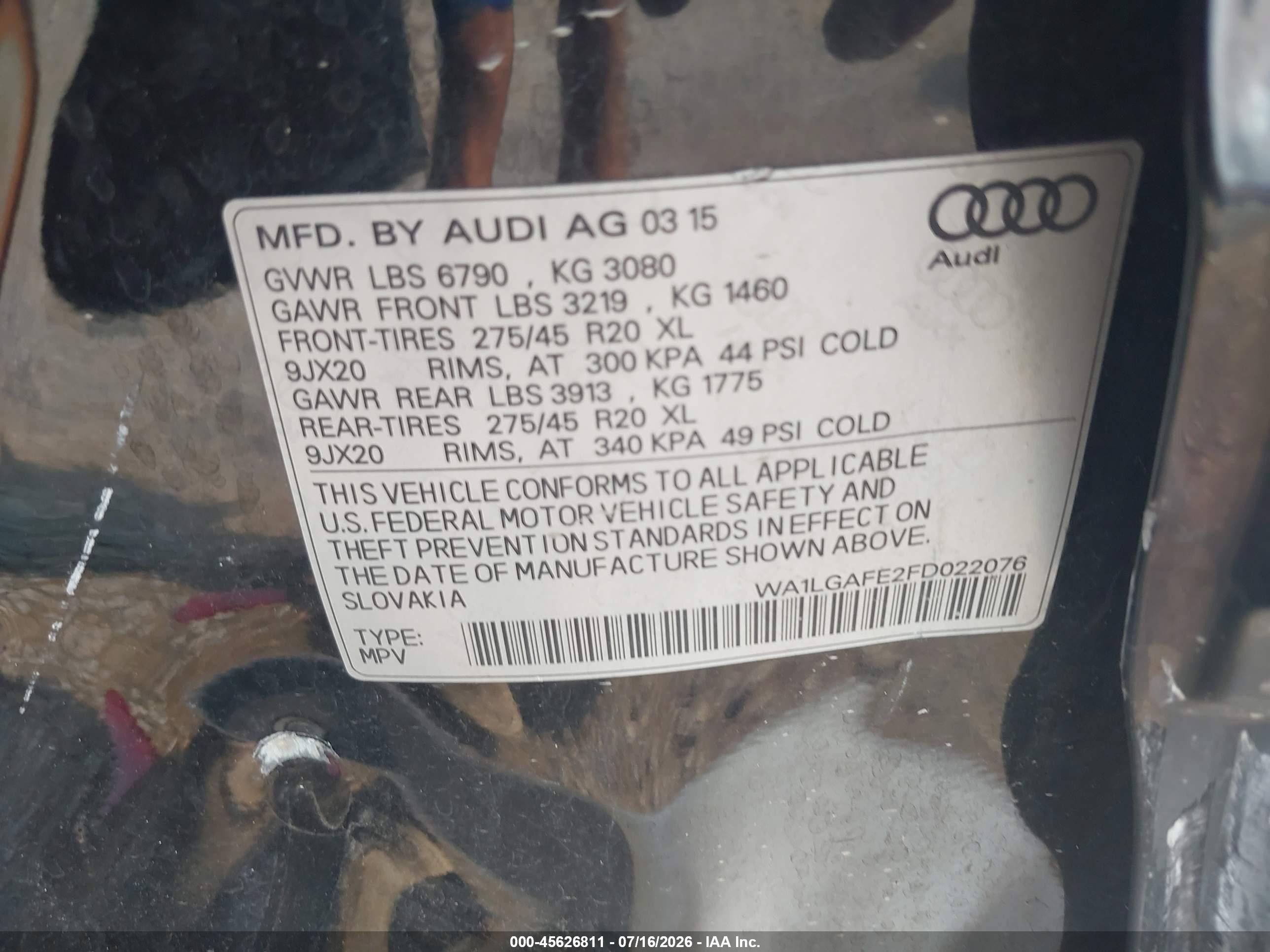 2015 Audi Q7 3.0t Premium Black vin: WA1LGAFE2FD022076