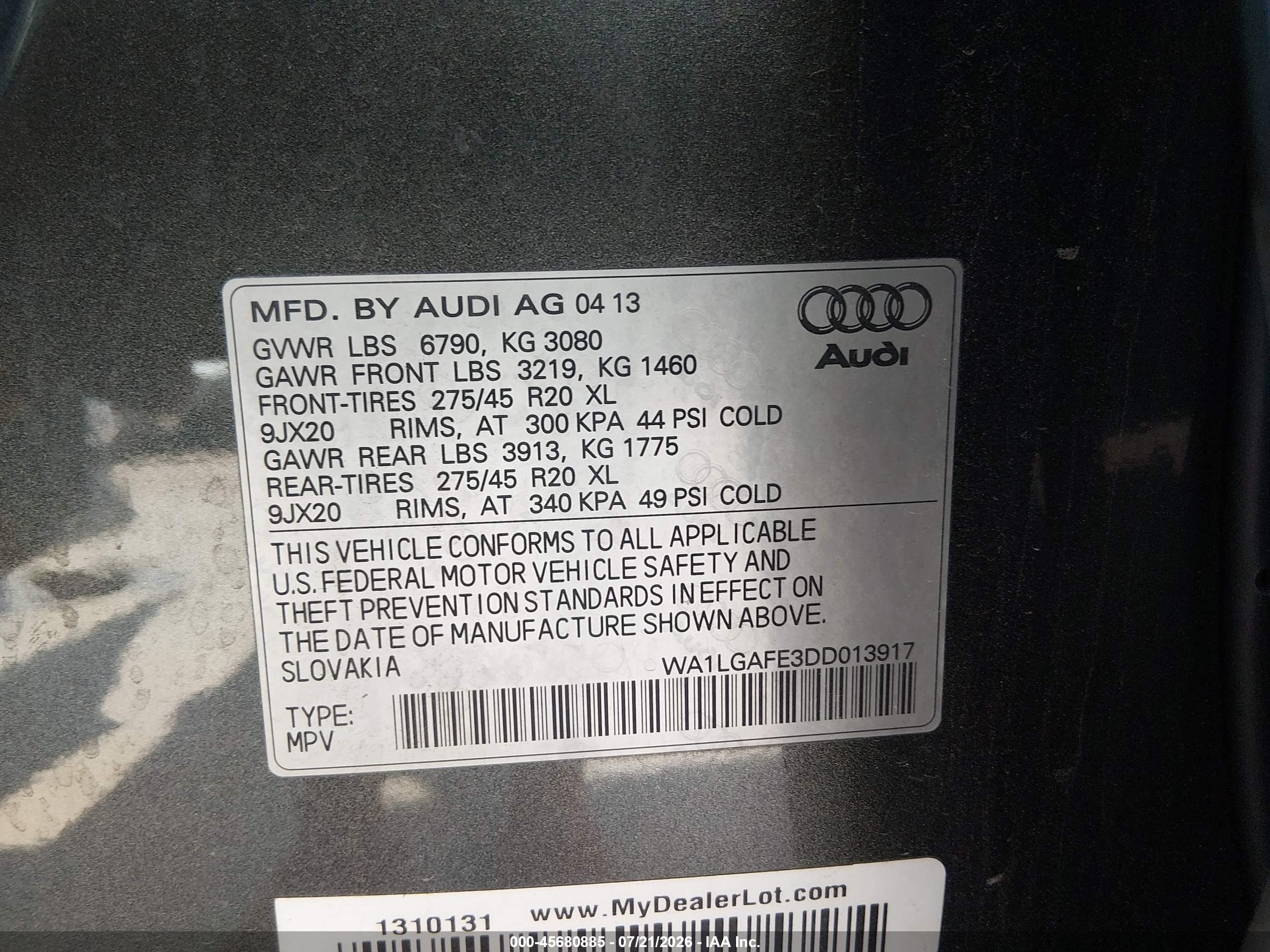 2013 Audi Q7 3.0t Premium Gray vin: WA1LGAFE3DD013917