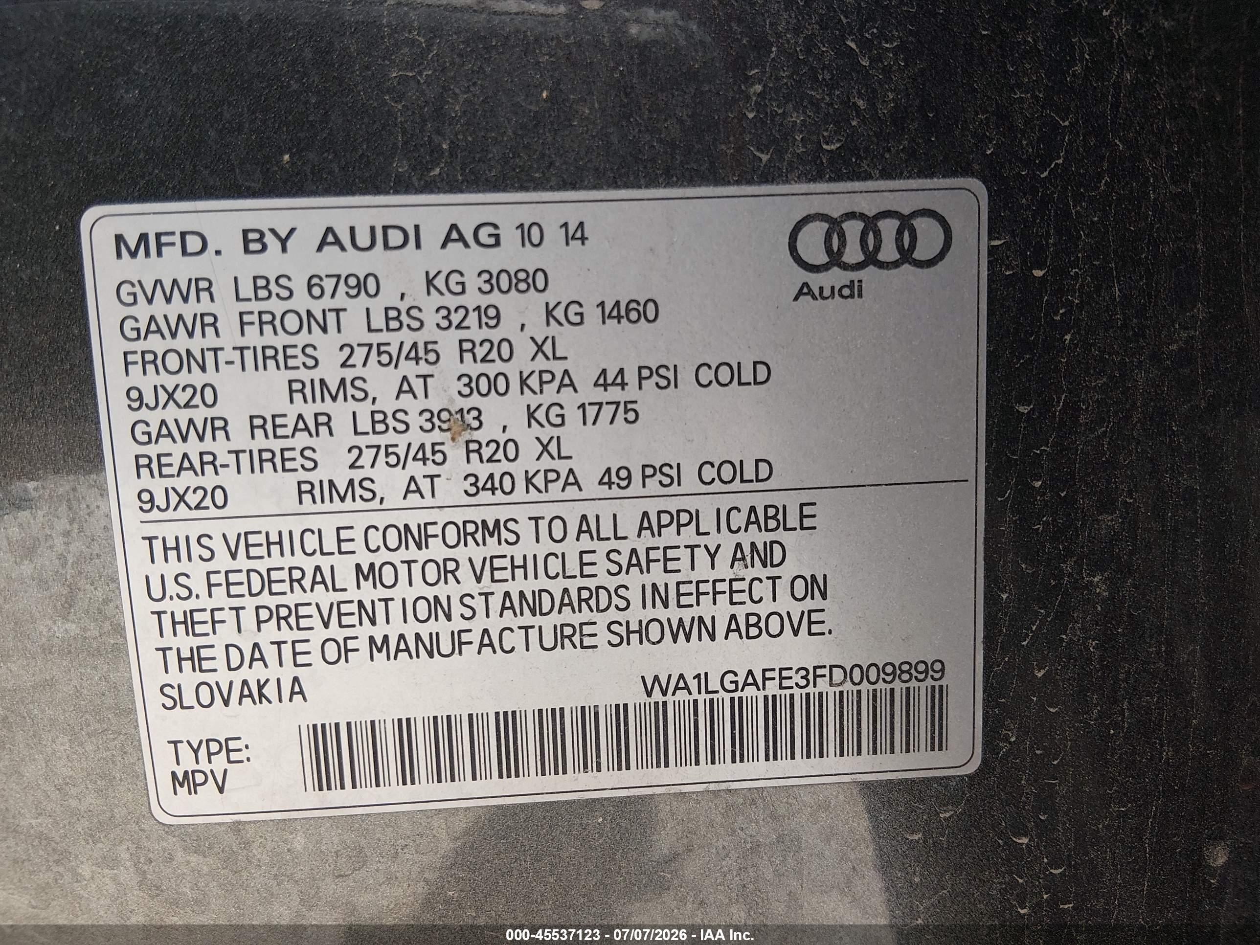 2015 Audi Q7 3.0t Premium Gray vin: WA1LGAFE3FD009899