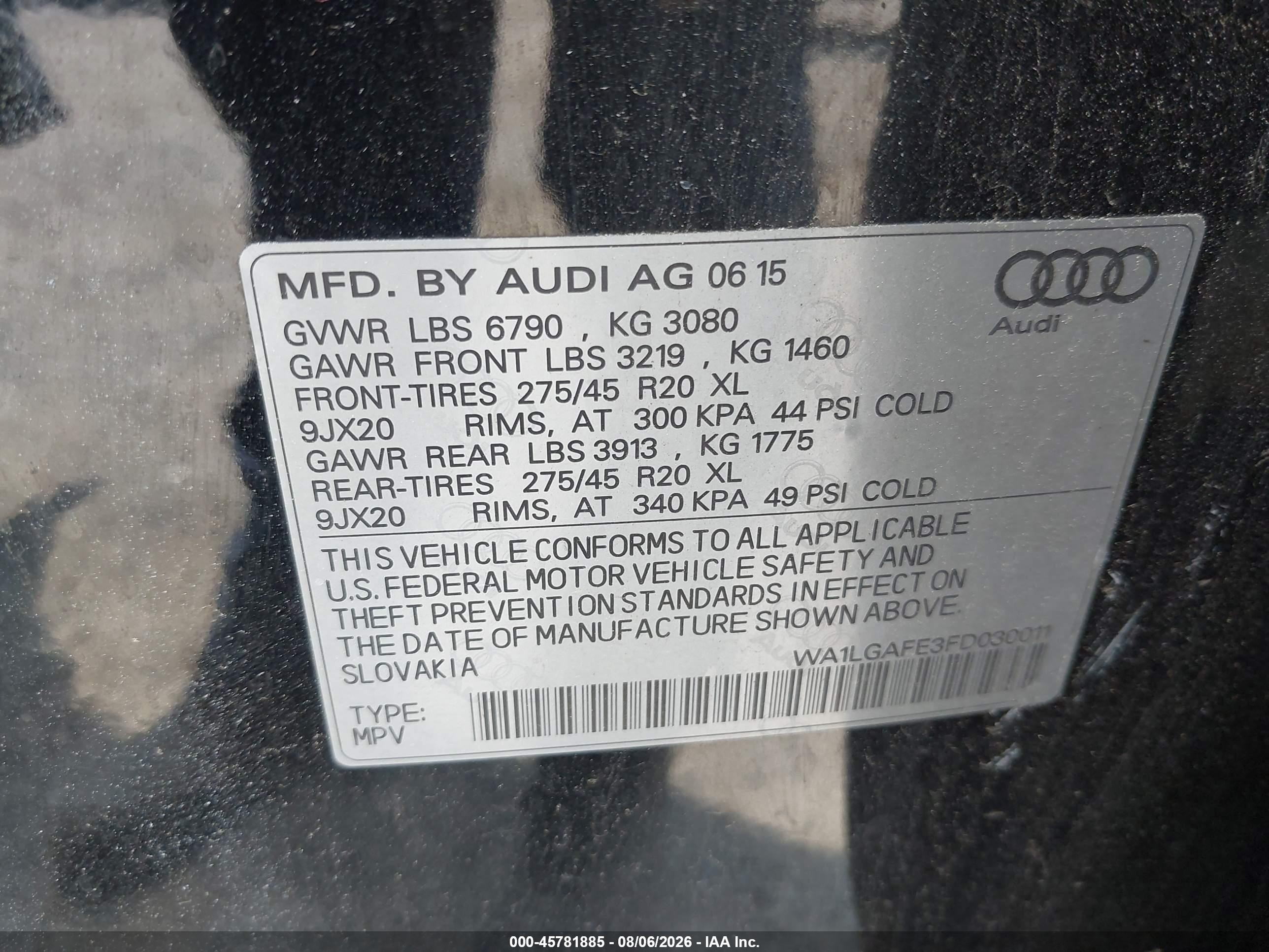 2015 Audi Q7 3.0t Premium Black vin: WA1LGAFE3FD030011
