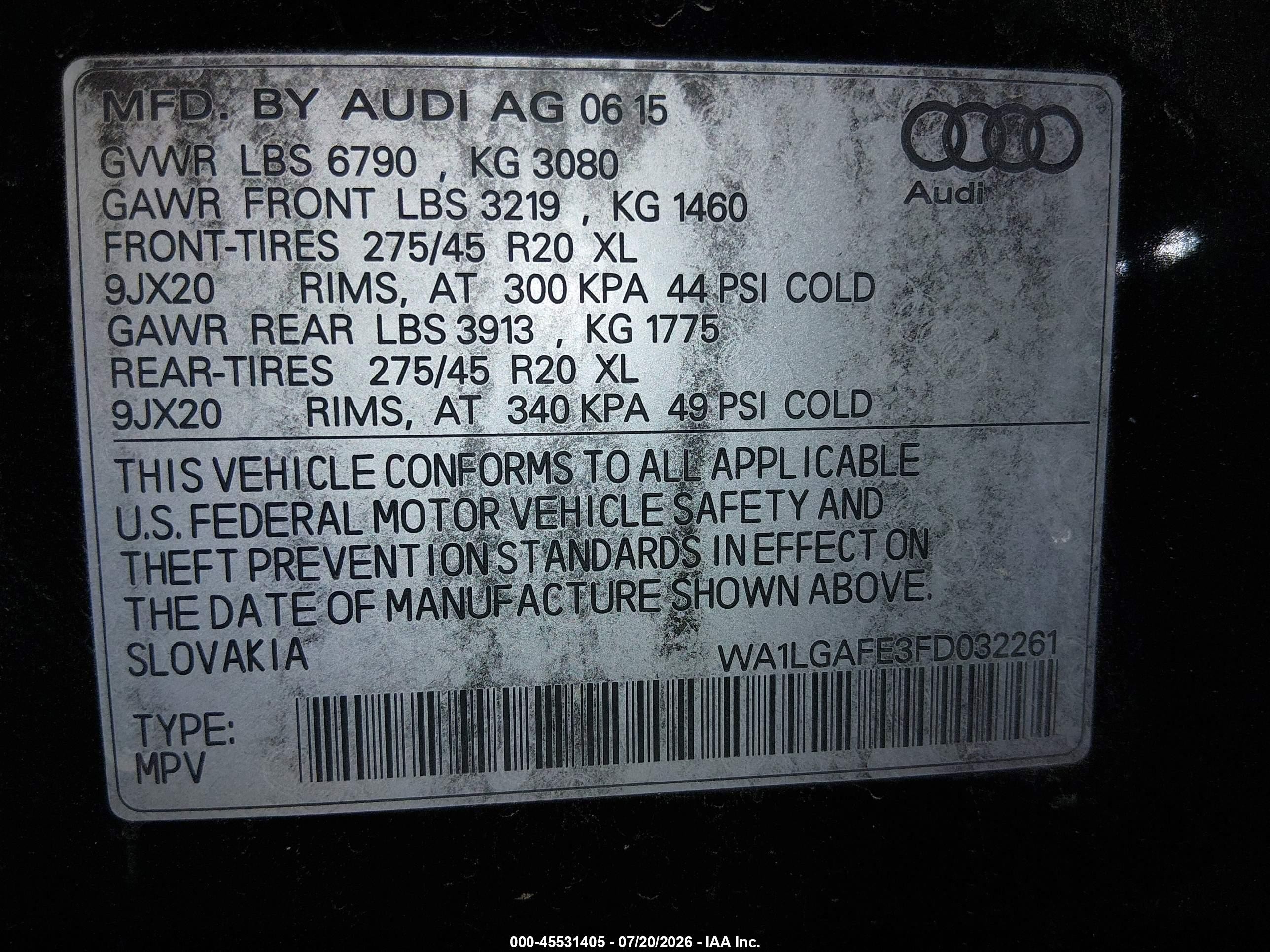 2015 Audi Q7 3.0t Premium Black vin: WA1LGAFE3FD032261