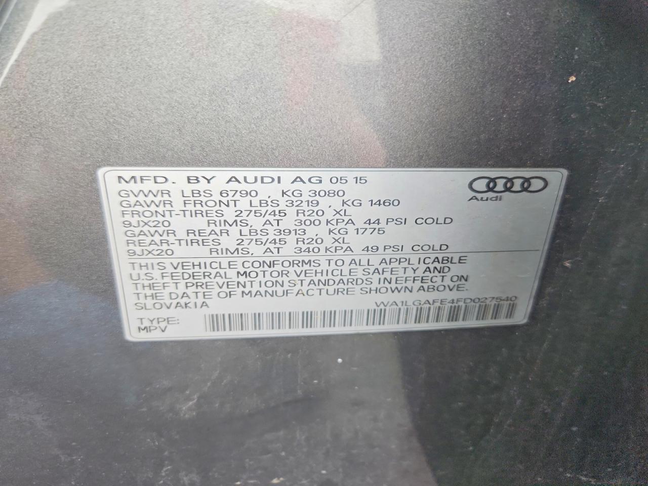 2015 Audi Q7 Premium Plus Gray vin: WA1LGAFE4FD027540