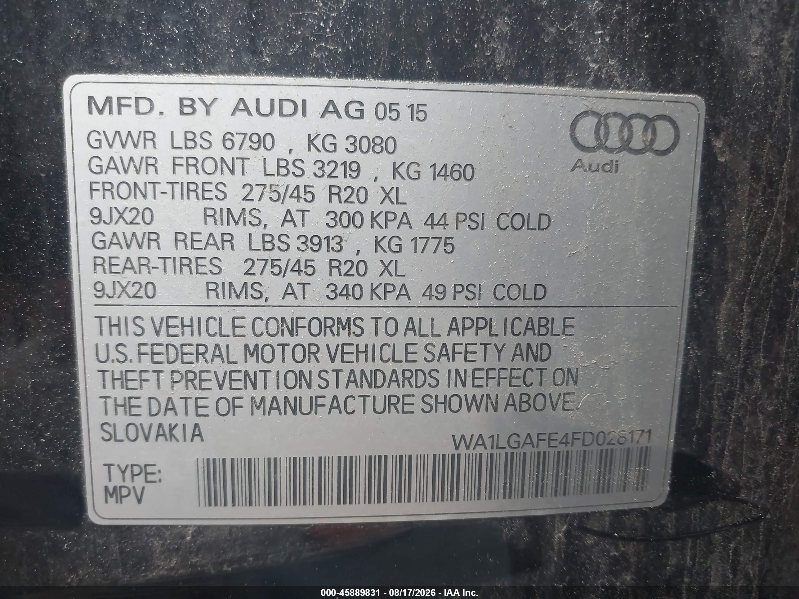 2015 Audi Q7 3.0t Premium Black vin: WA1LGAFE4FD028171