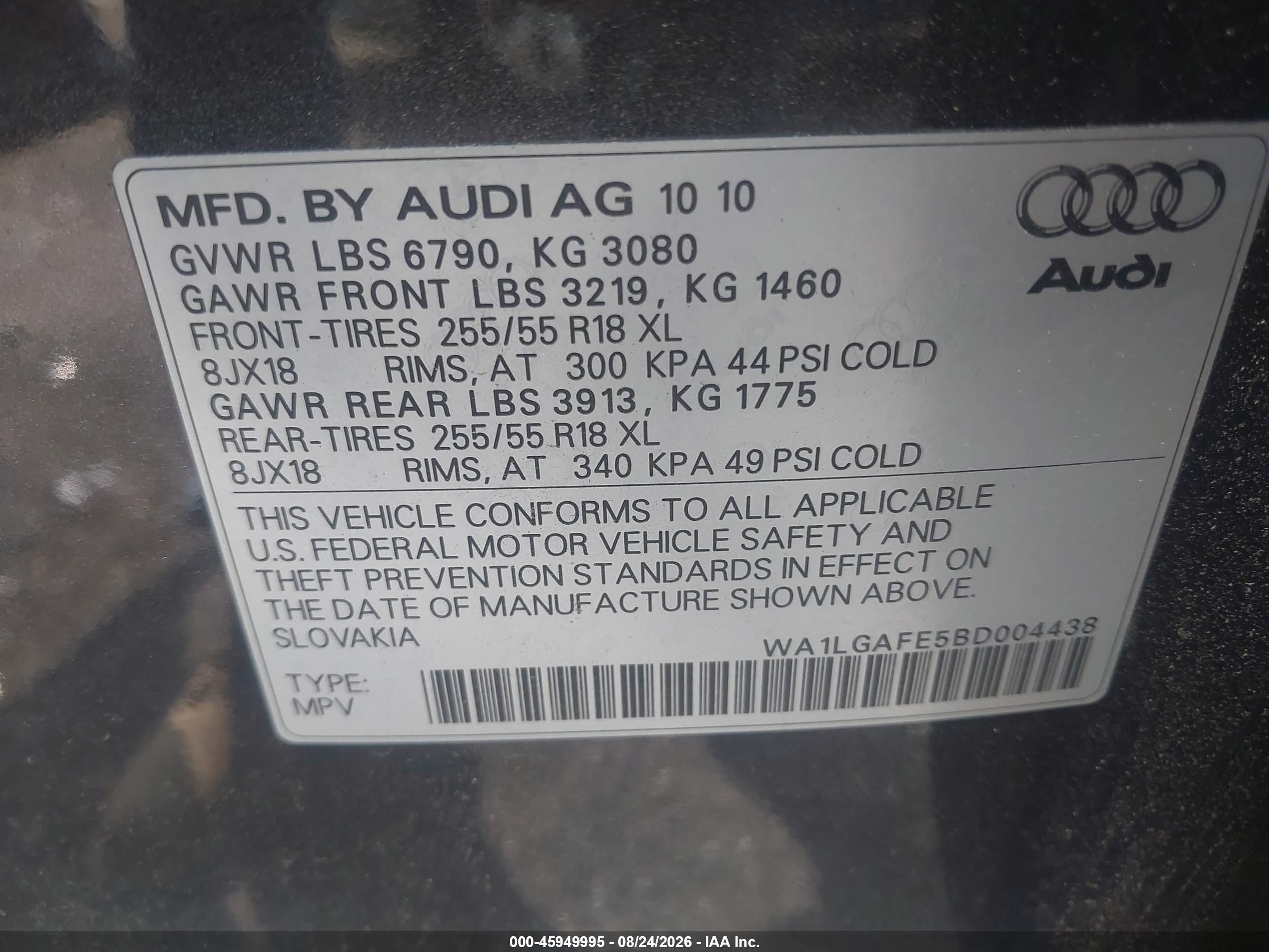 2011 Audi Q7 3.0t Premium Gray vin: WA1LGAFE5BD004438