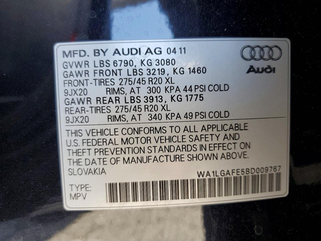 2011 Audi Q7 Premium Plus Black vin: WA1LGAFE5BD009767