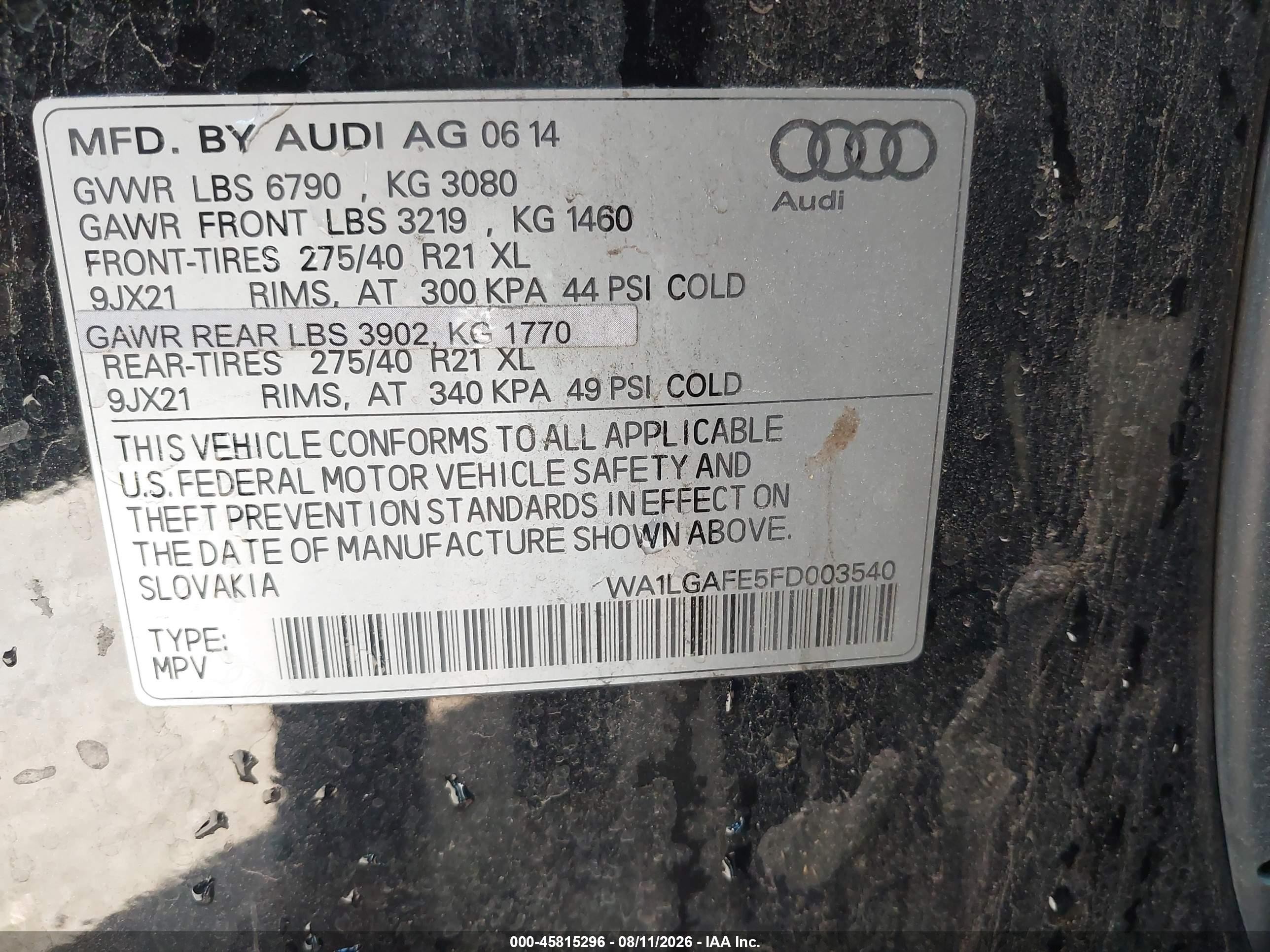 2015 Audi Q7 3.0t Premium Black vin: WA1LGAFE5FD003540