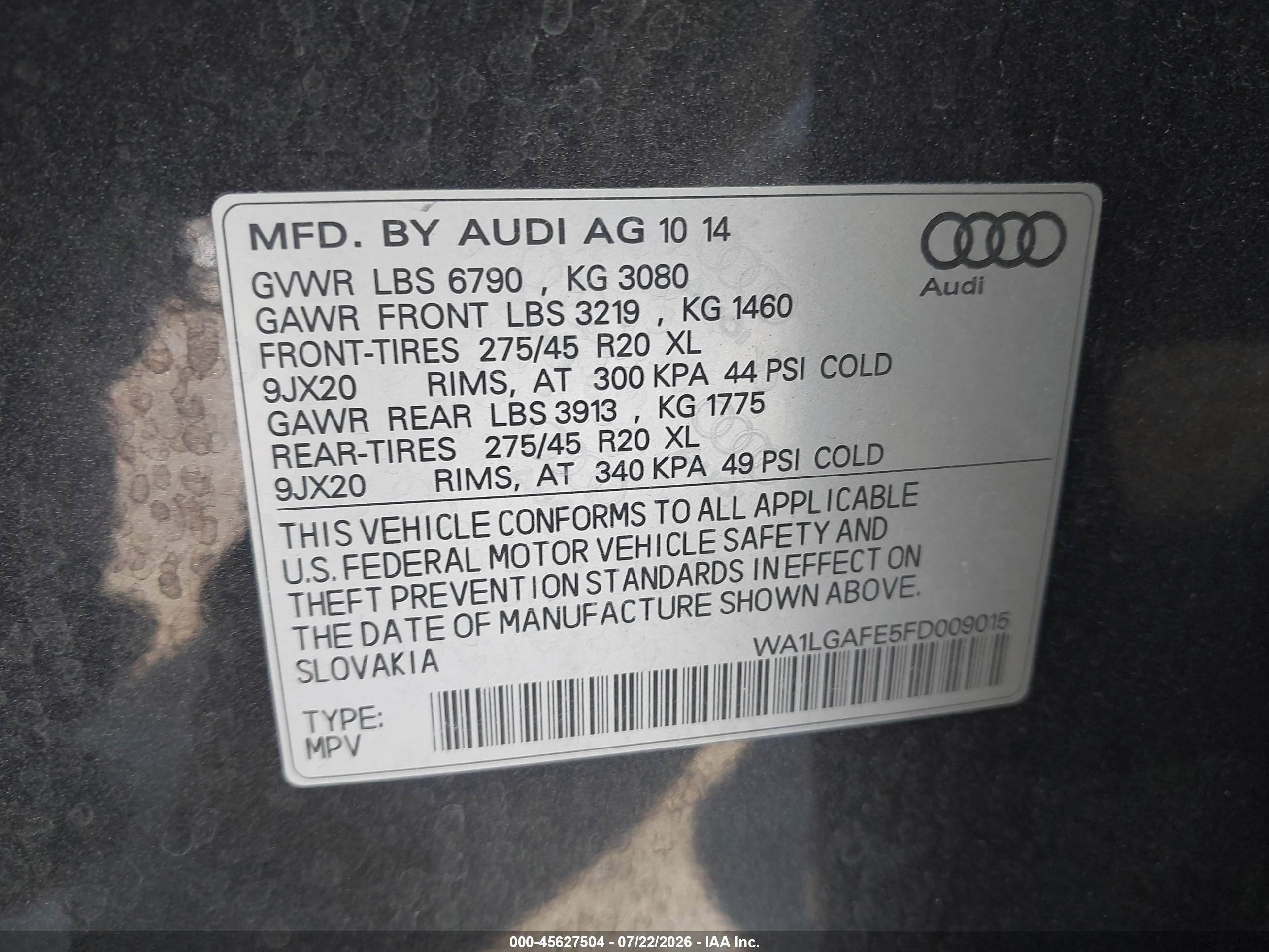 2015 Audi Q7 3.0t Premium Черный vin: WA1LGAFE5FD009015