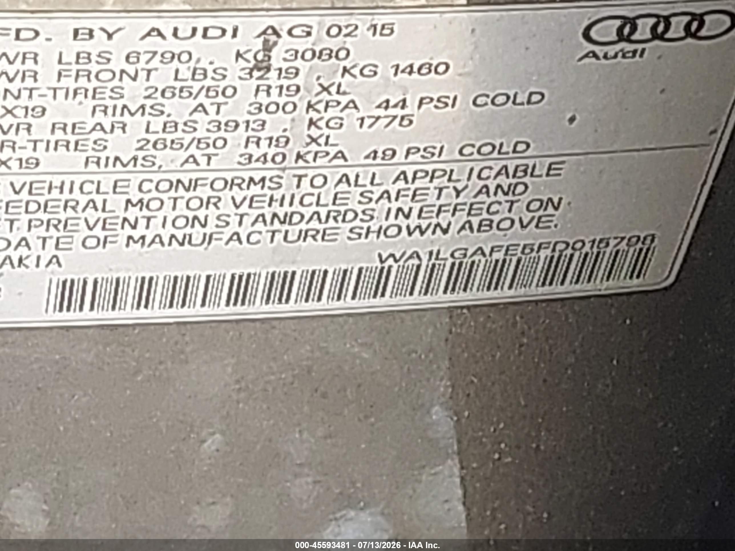 2015 Audi Q7 3.0t Premium Gray vin: WA1LGAFE5FD015798