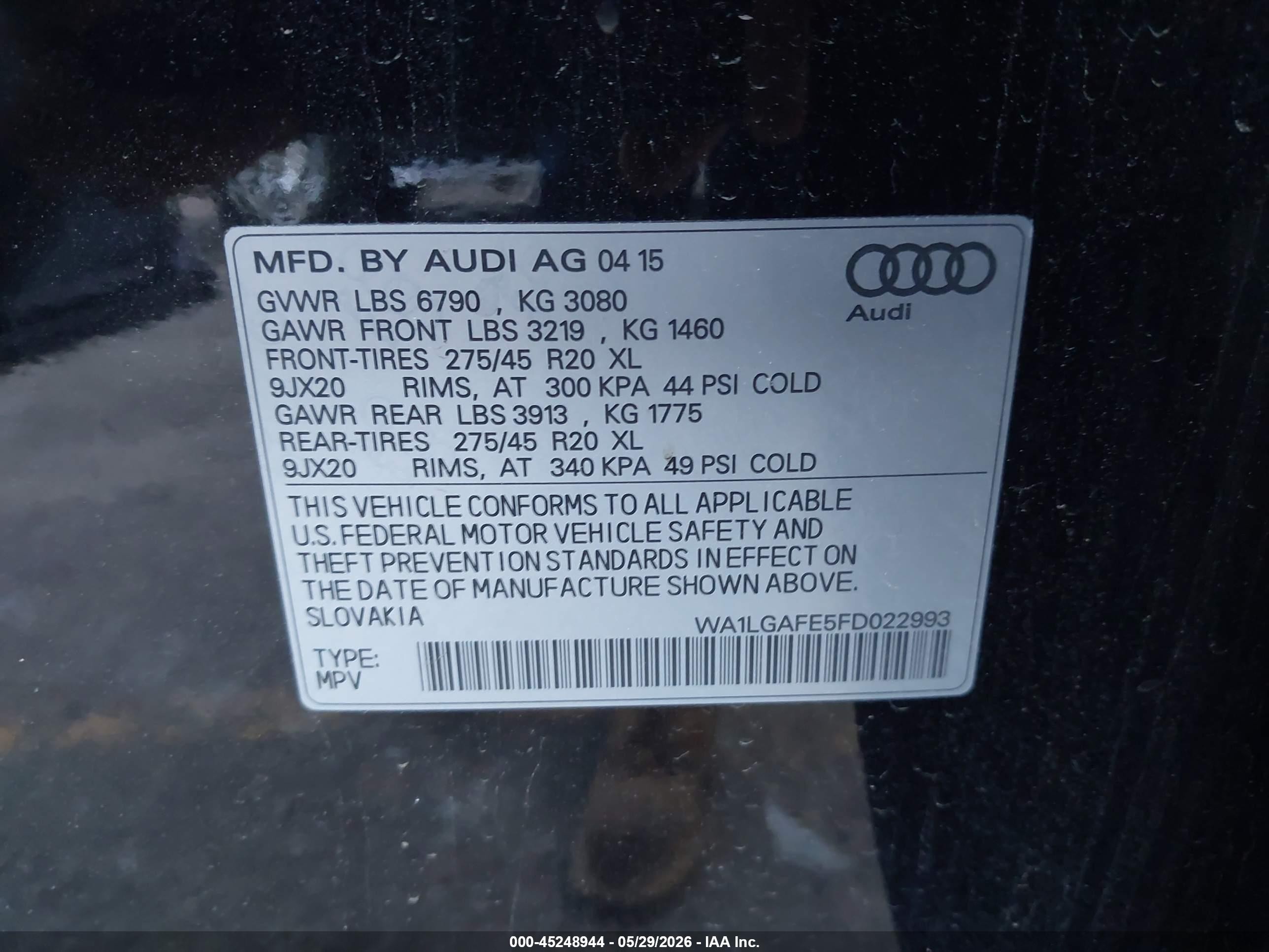 2015 Audi Q7 3.0t Premium Black vin: WA1LGAFE5FD022993