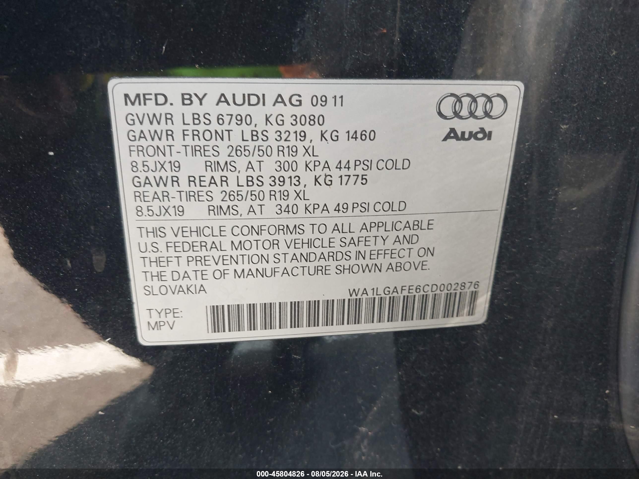2012 Audi Q7 3.0t Premium Black vin: WA1LGAFE6CD002876