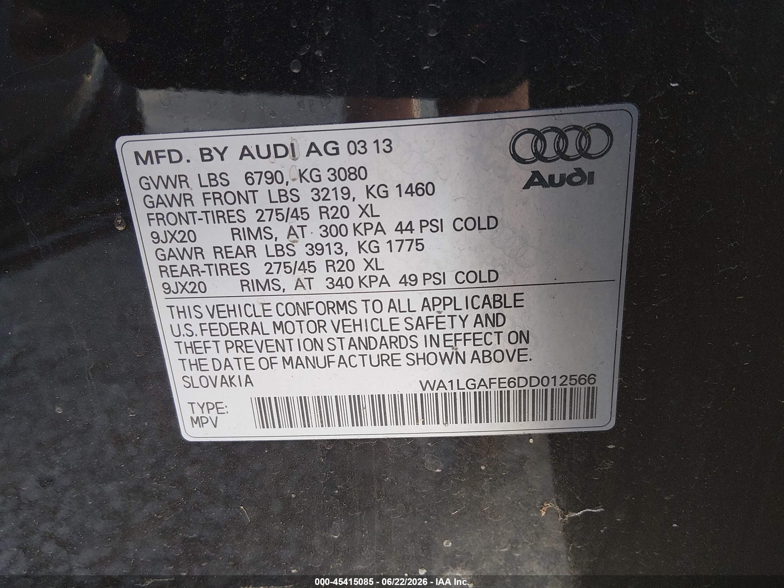 2013 Audi Q7 3.0t Premium Black vin: WA1LGAFE6DD012566