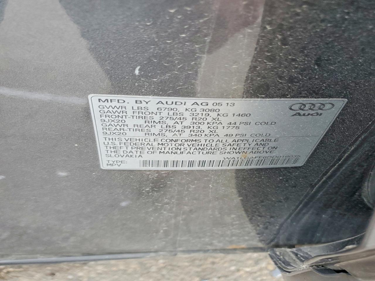 2013 Audi Q7 Premium Plus Gray vin: WA1LGAFE6DD016035
