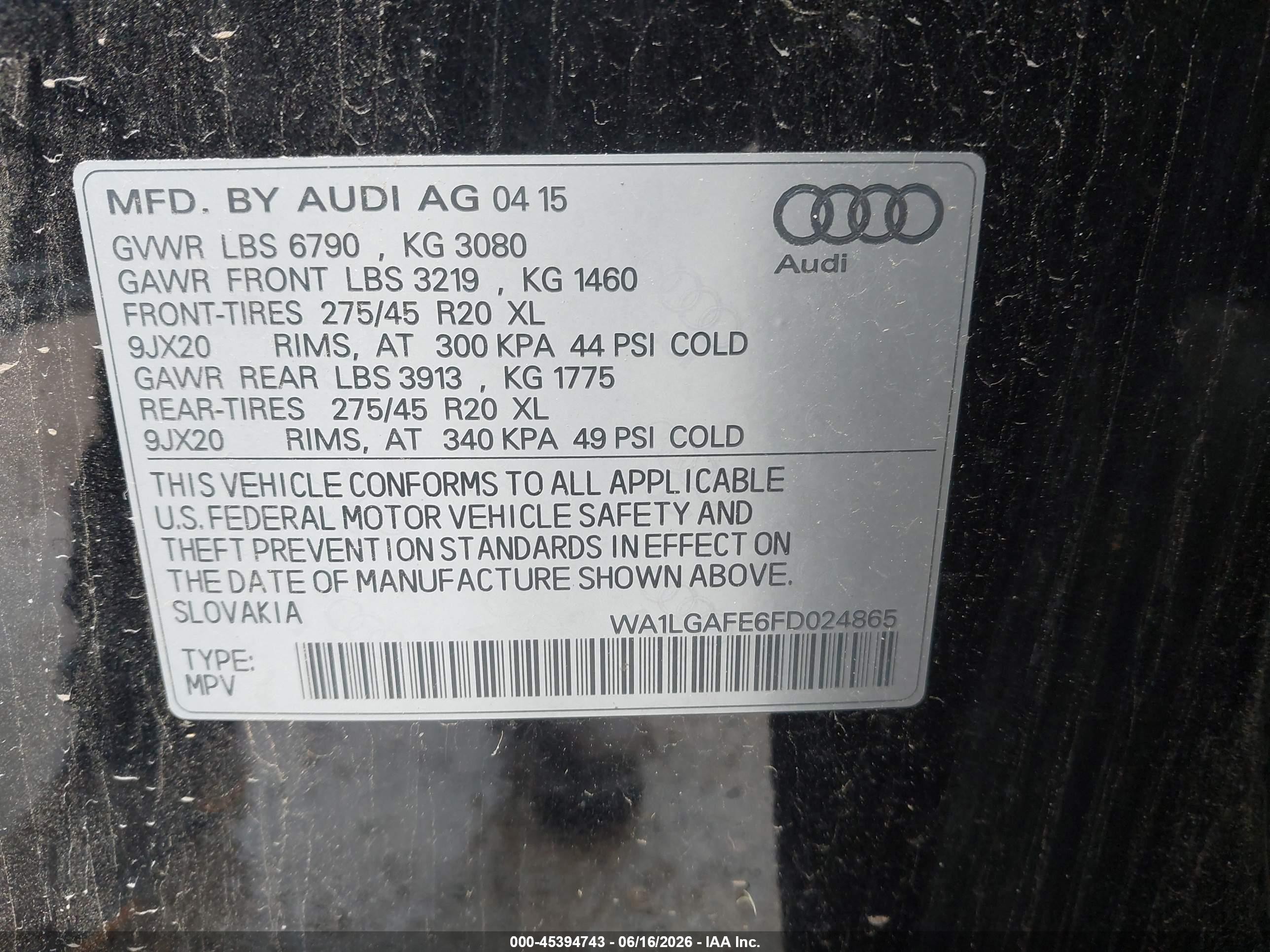 2015 Audi Q7 3.0t Premium Black vin: WA1LGAFE6FD024865