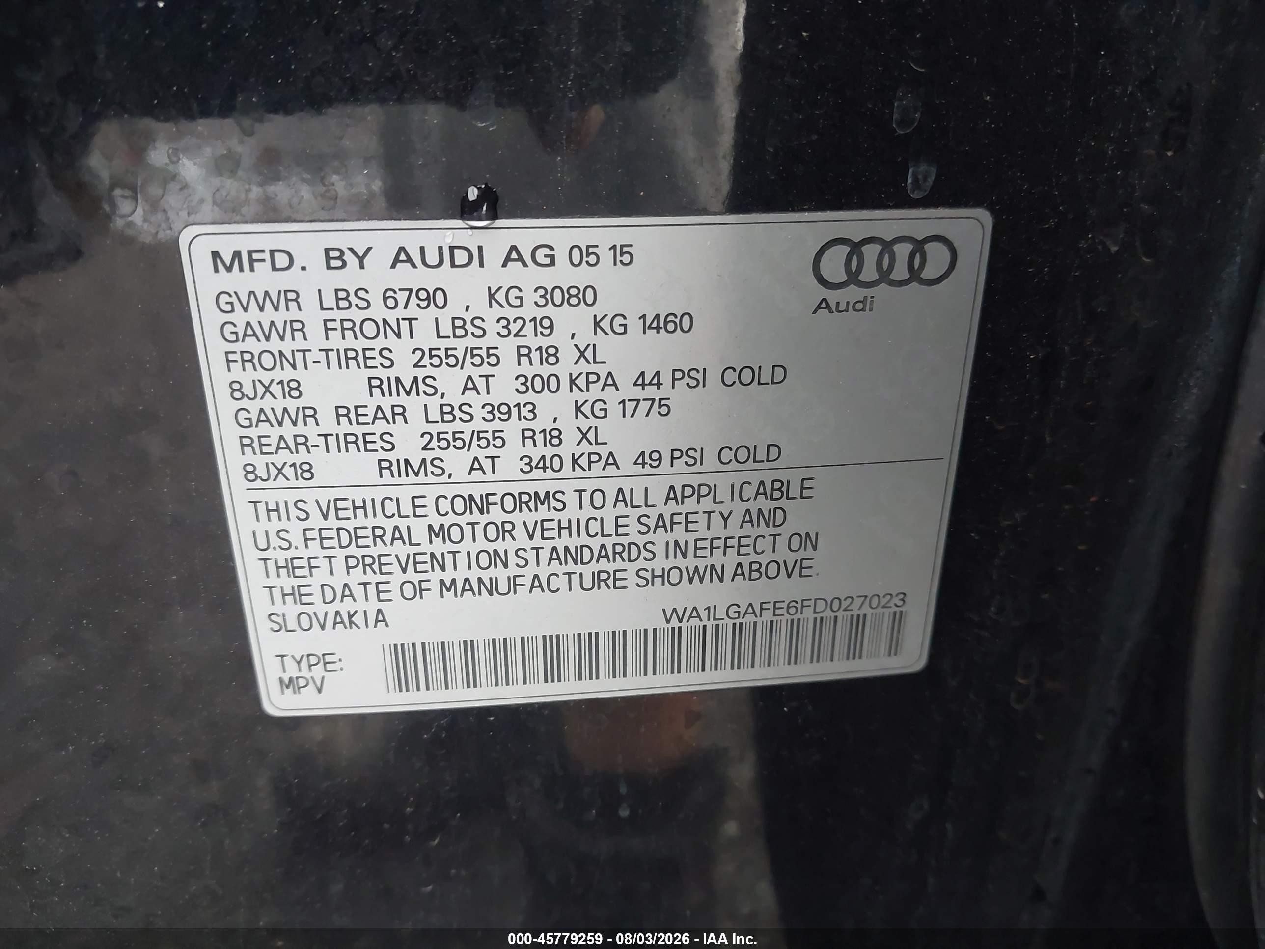 2015 Audi Q7 3.0t Premium Черный vin: WA1LGAFE6FD027023