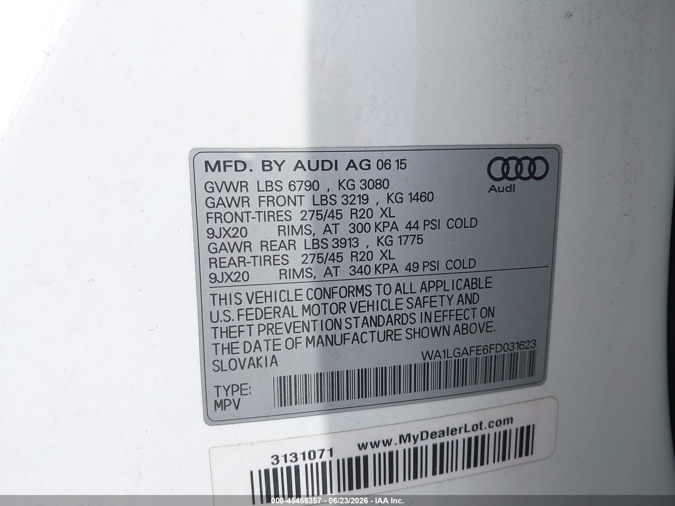 2015 Audi Q7 3.0t Premium White vin: WA1LGAFE6FD031623