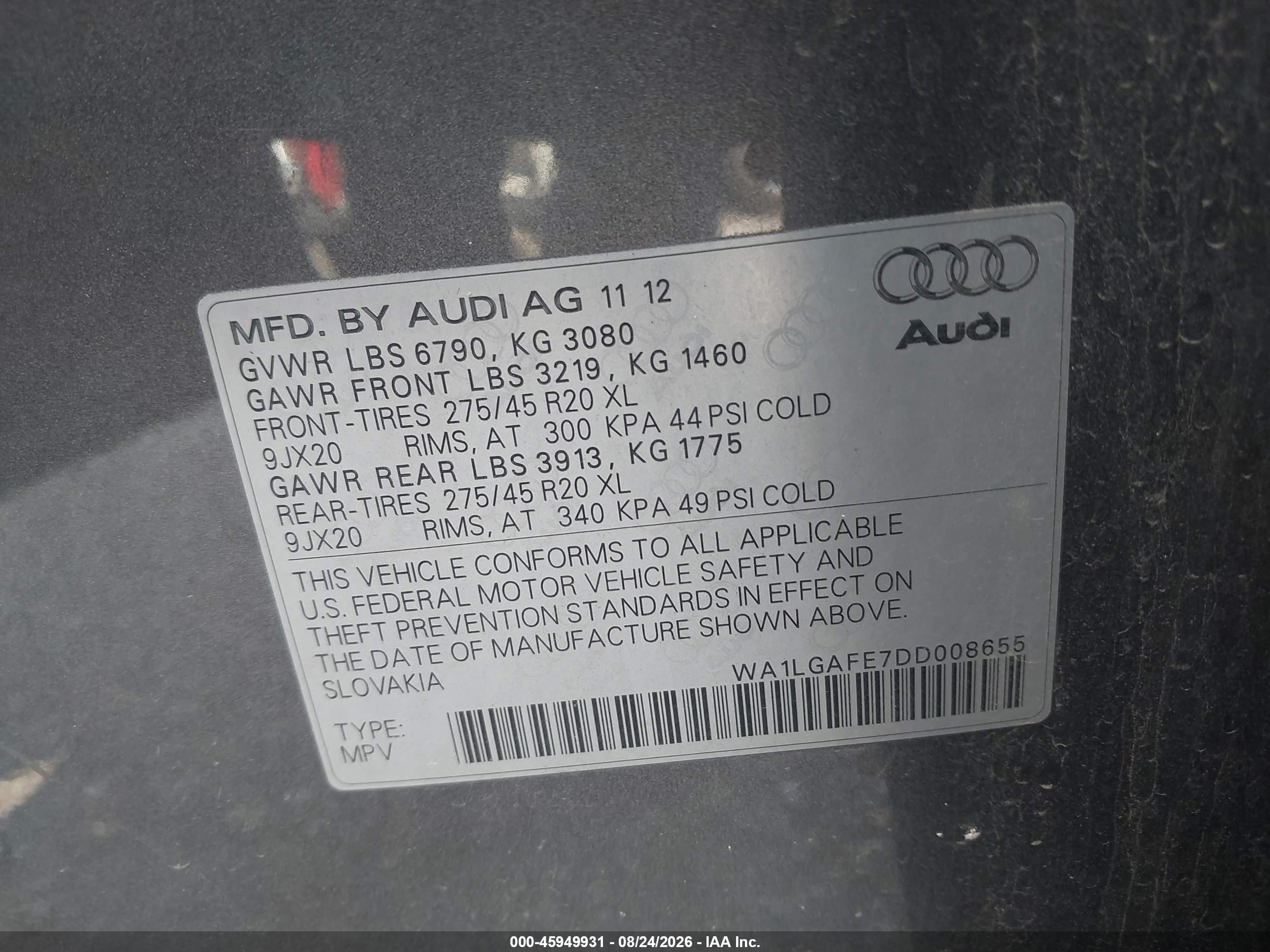 2013 Audi Q7 3.0t Premium Gray vin: WA1LGAFE7DD008655