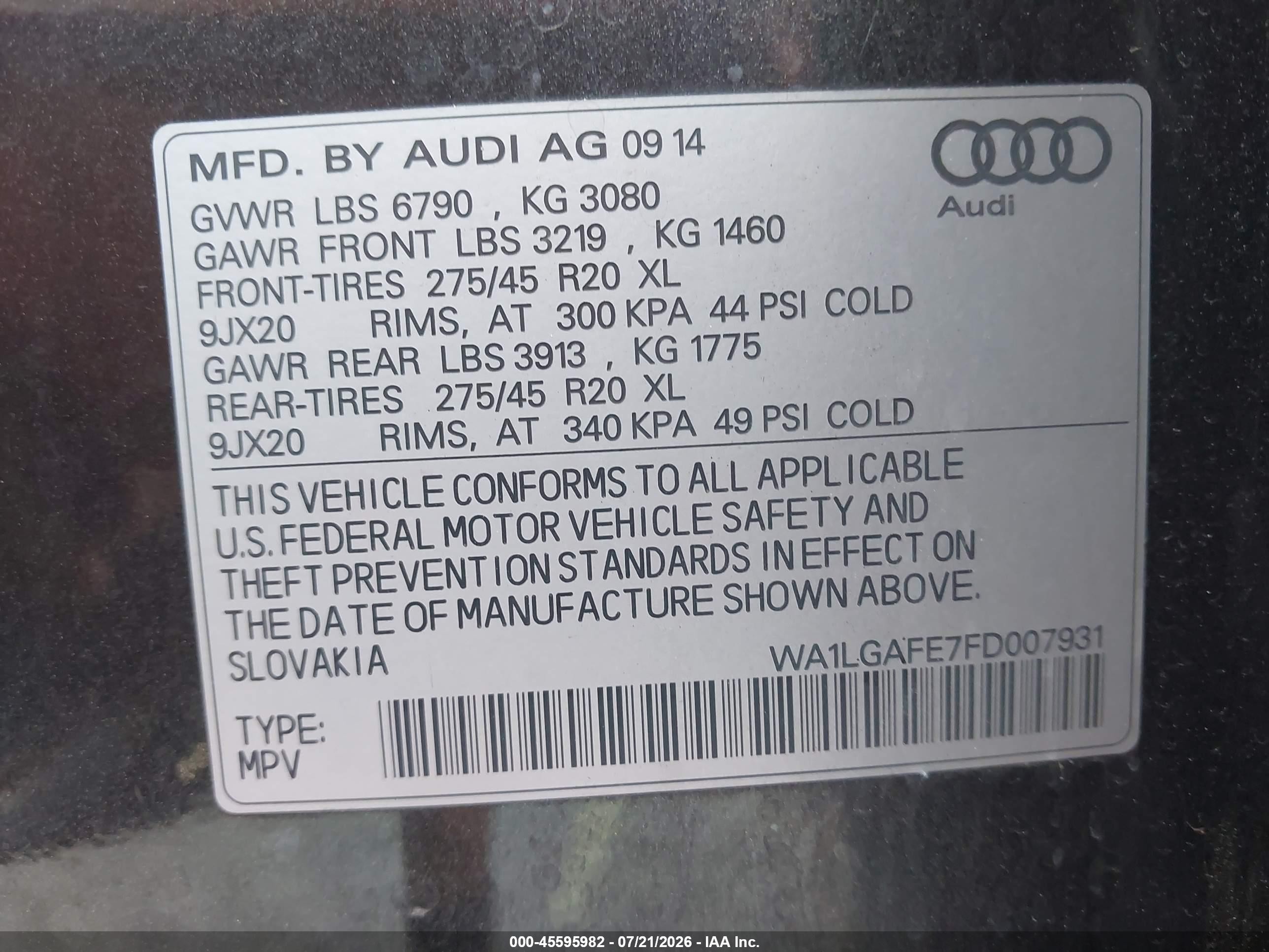 2015 Audi Q7 3.0t Premium Gray vin: WA1LGAFE7FD007931