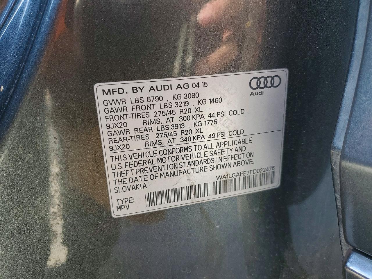 2015 Audi Q7 Premium Plus Gray vin: WA1LGAFE7FD022476