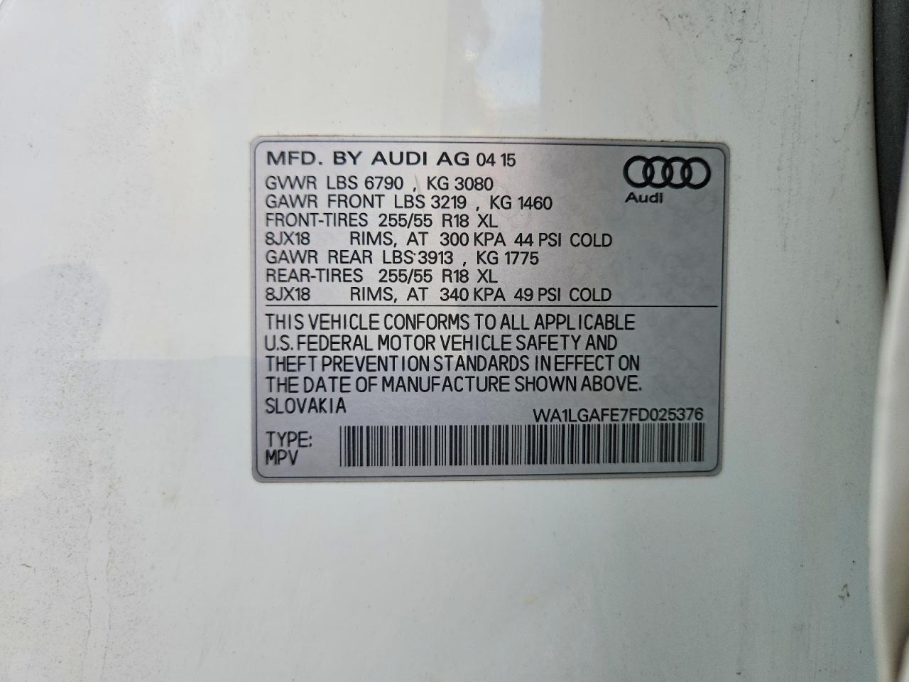 2015 Audi Q7 Premium Plus White vin: WA1LGAFE7FD025376