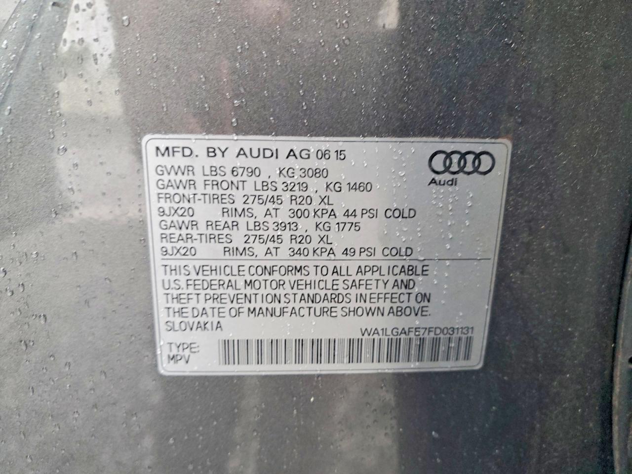 2015 Audi Q7 Premium Plus Gray vin: WA1LGAFE7FD031131