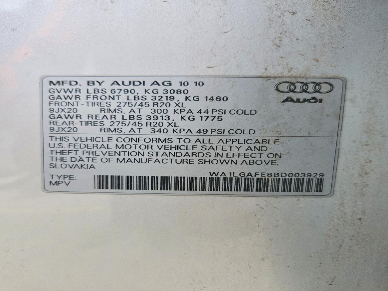 2011 Audi Q7 Premium Plus Silver vin: WA1LGAFE8BD003929