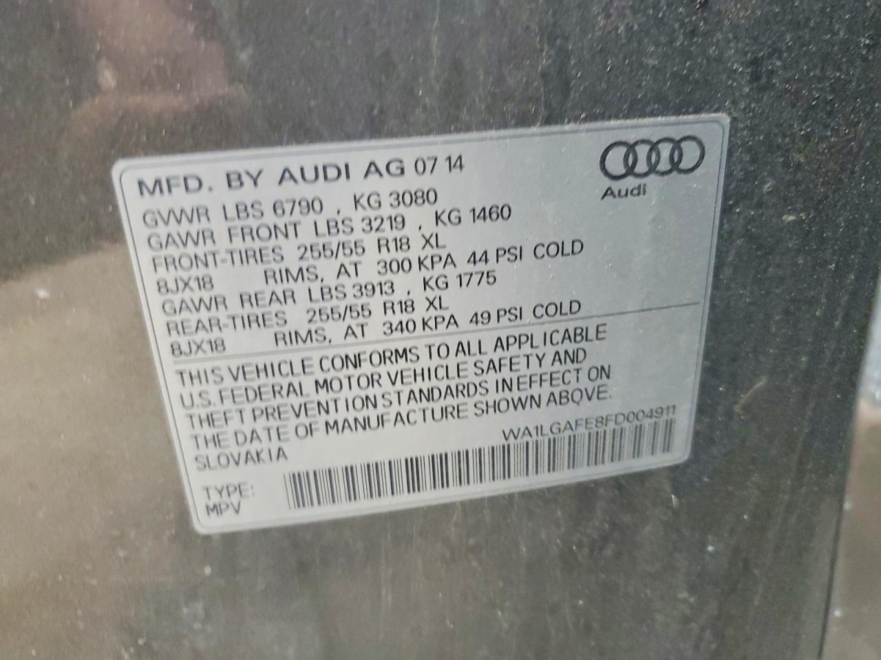 2015 Audi Q7 Premium Plus Gray vin: WA1LGAFE8FD004911